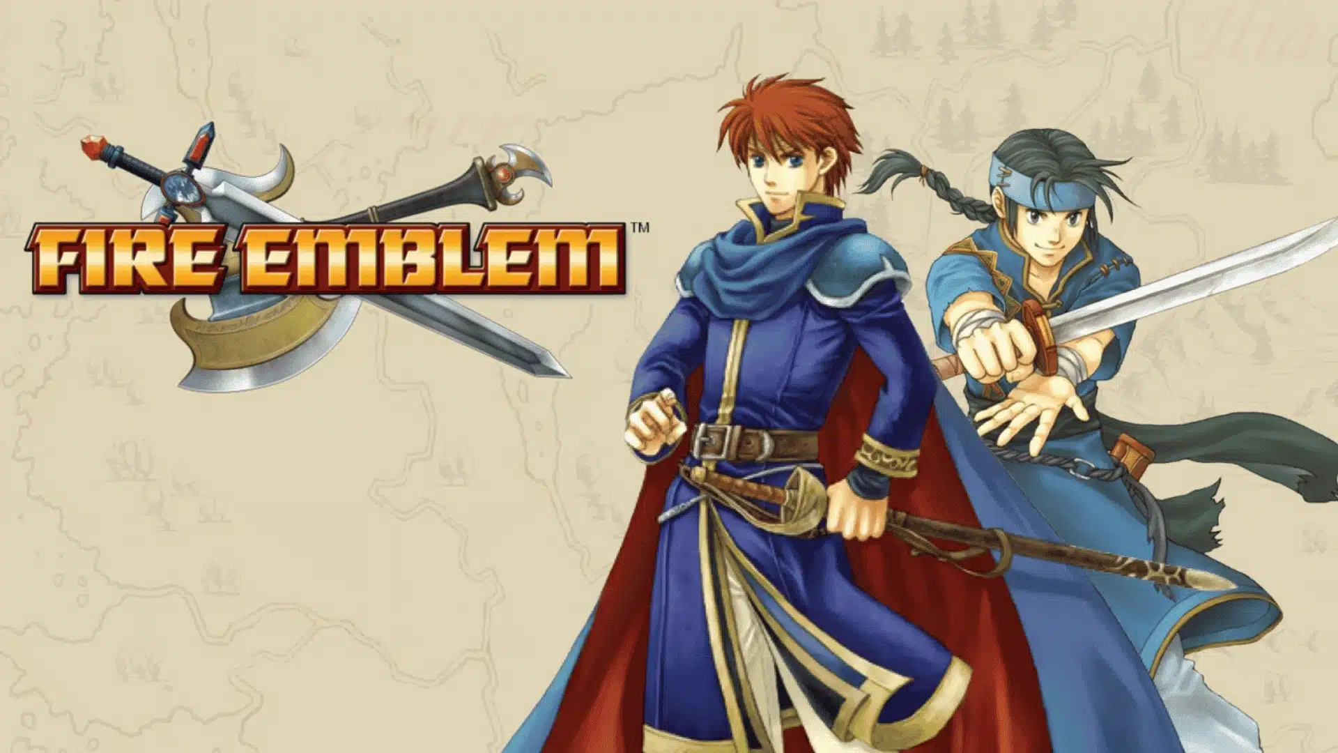 Two sword-wielding heroes in blue capes stand ready beside the Fire Emblem logo and crossed weapons on a parchment map background.