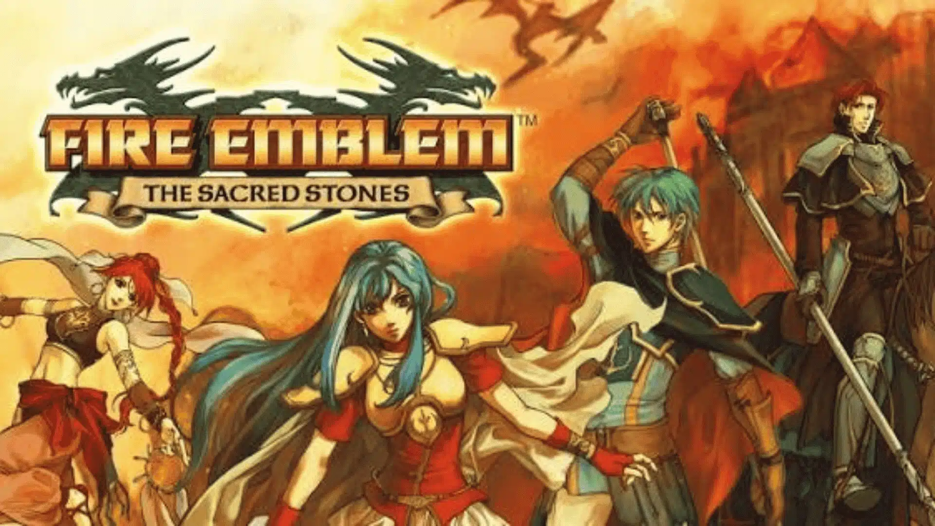 Four armored heroes ready for battle beneath the Fire Emblem: The Sacred Stones logo, with a dragon silhouette and fiery sky.