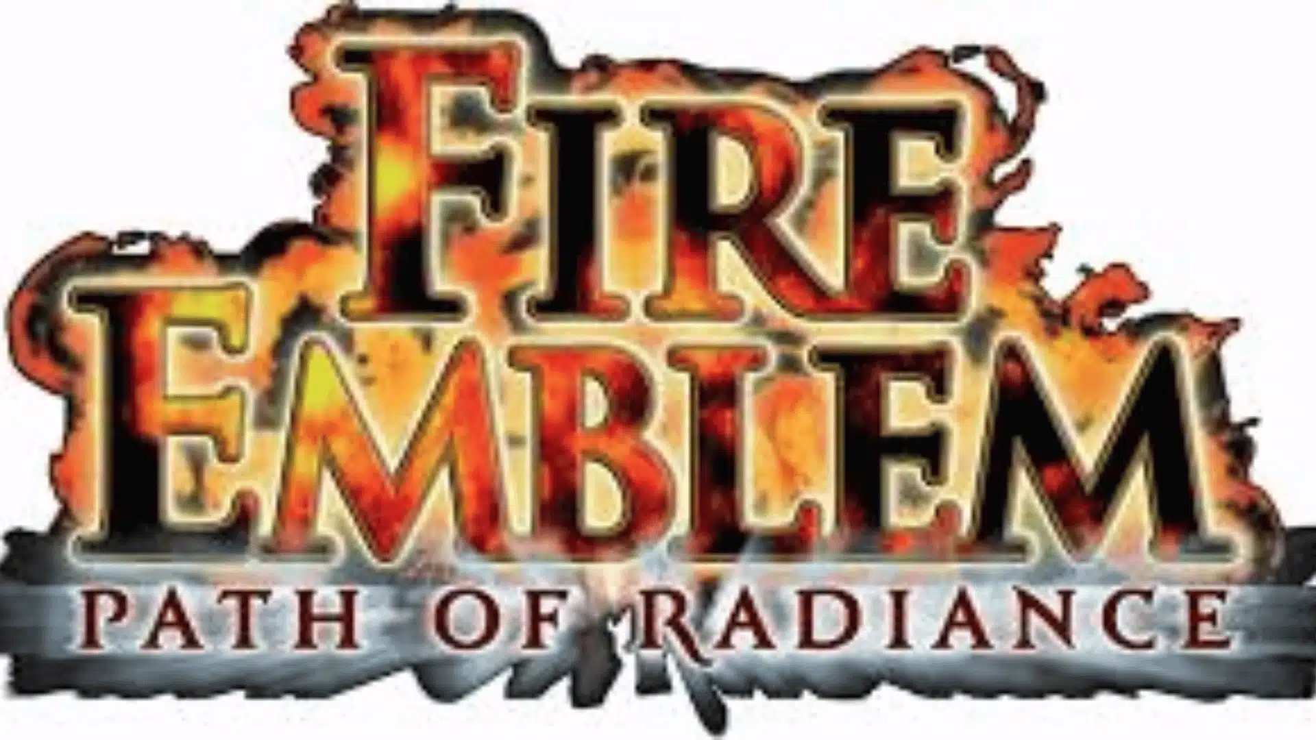 Fire Emblem: Path of Radiance logo with fiery lettering on a stone-textured background