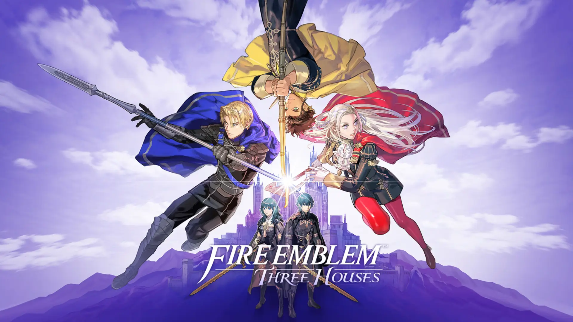 Fire Emblem: Three Houses artwork showing armored characters with weapons, colorful capes, and a castle background.