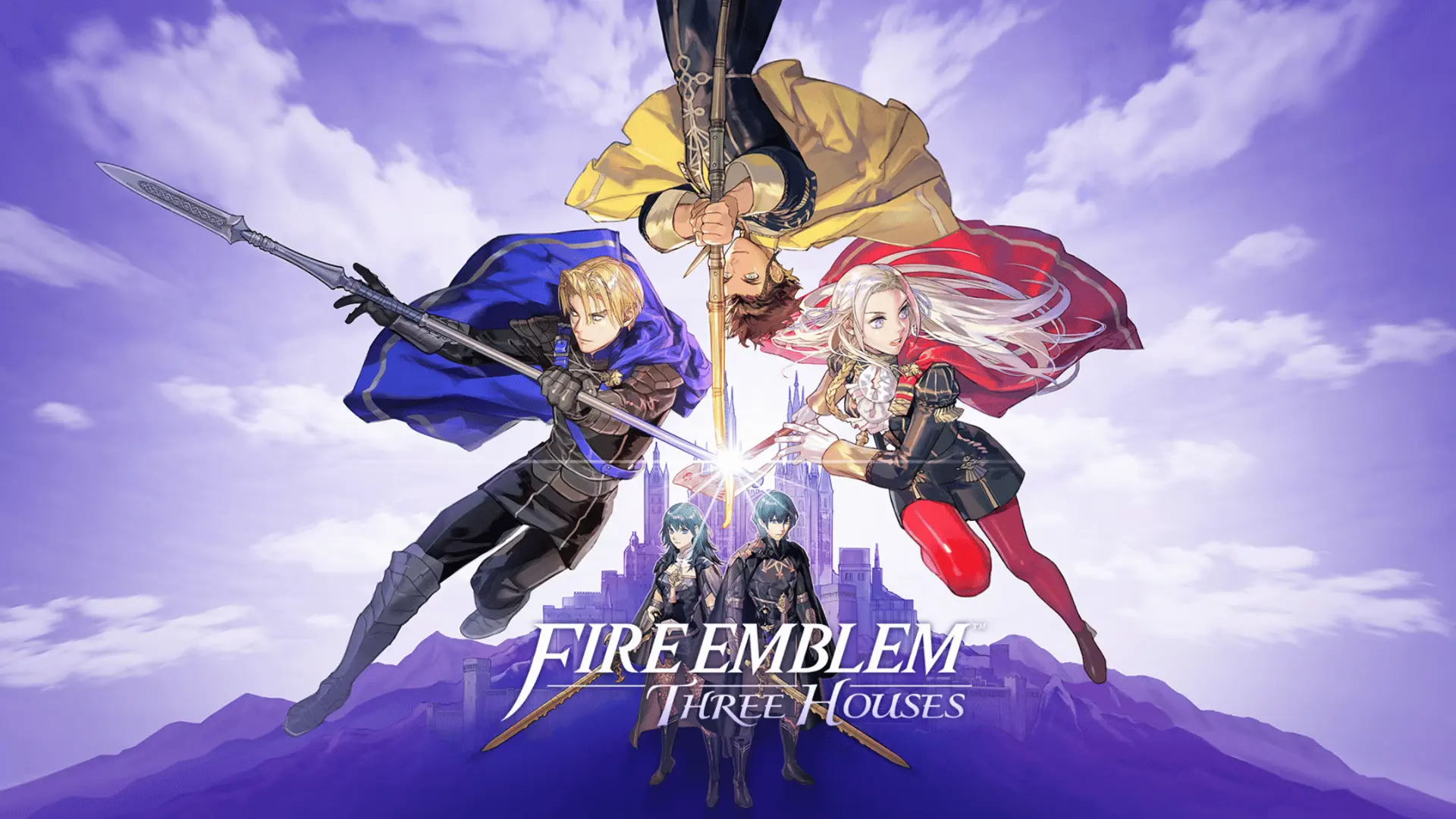 Fire Emblem: Three Houses artwork featuring the three house leaders and protagonist, set against a fantasy academy backdrop.