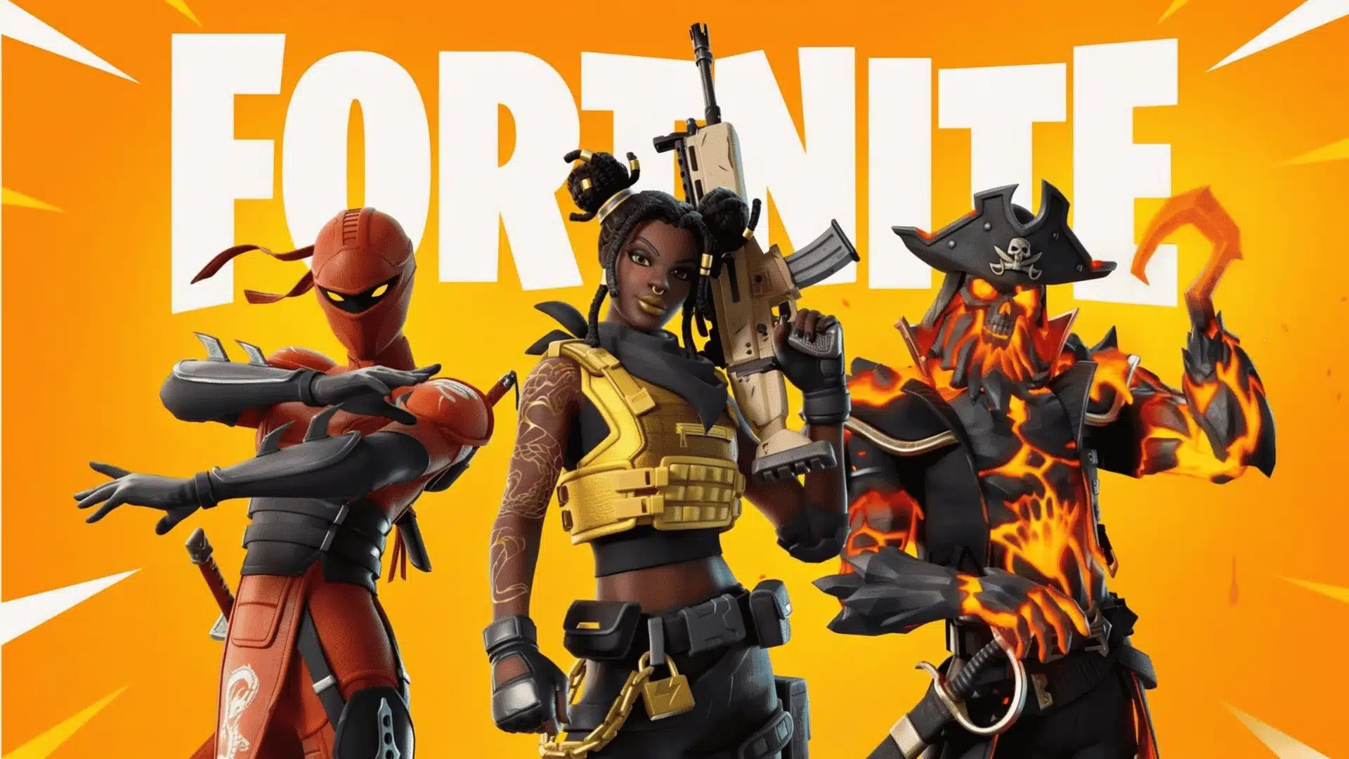 Fortnite featured image showing three character skins against a bright orange game background.