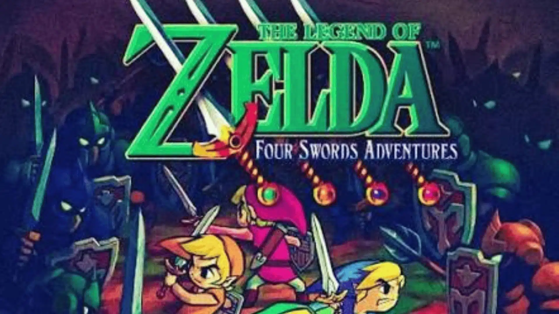 Four Swords Adventures artwork showing four versions of Link fighting enemies in a dark forest.