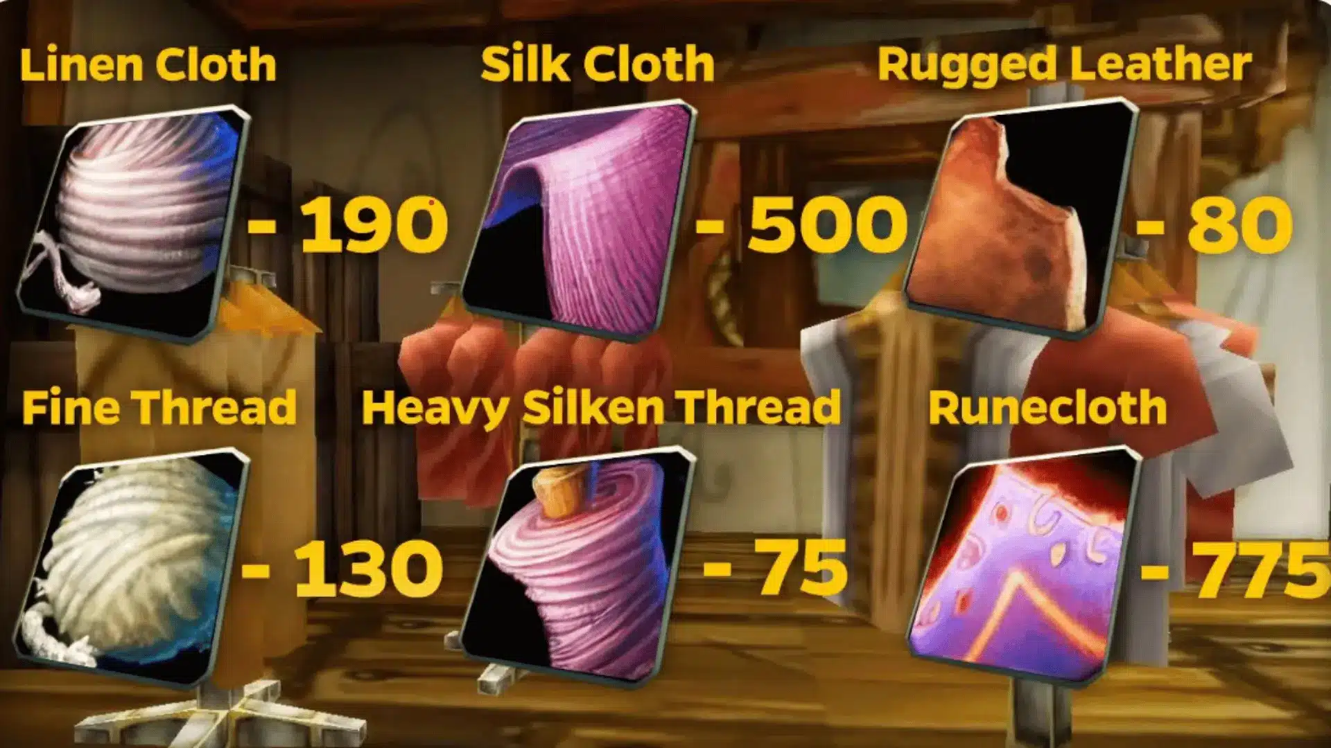 Organized display of Tailoring materials including cloth types and threads