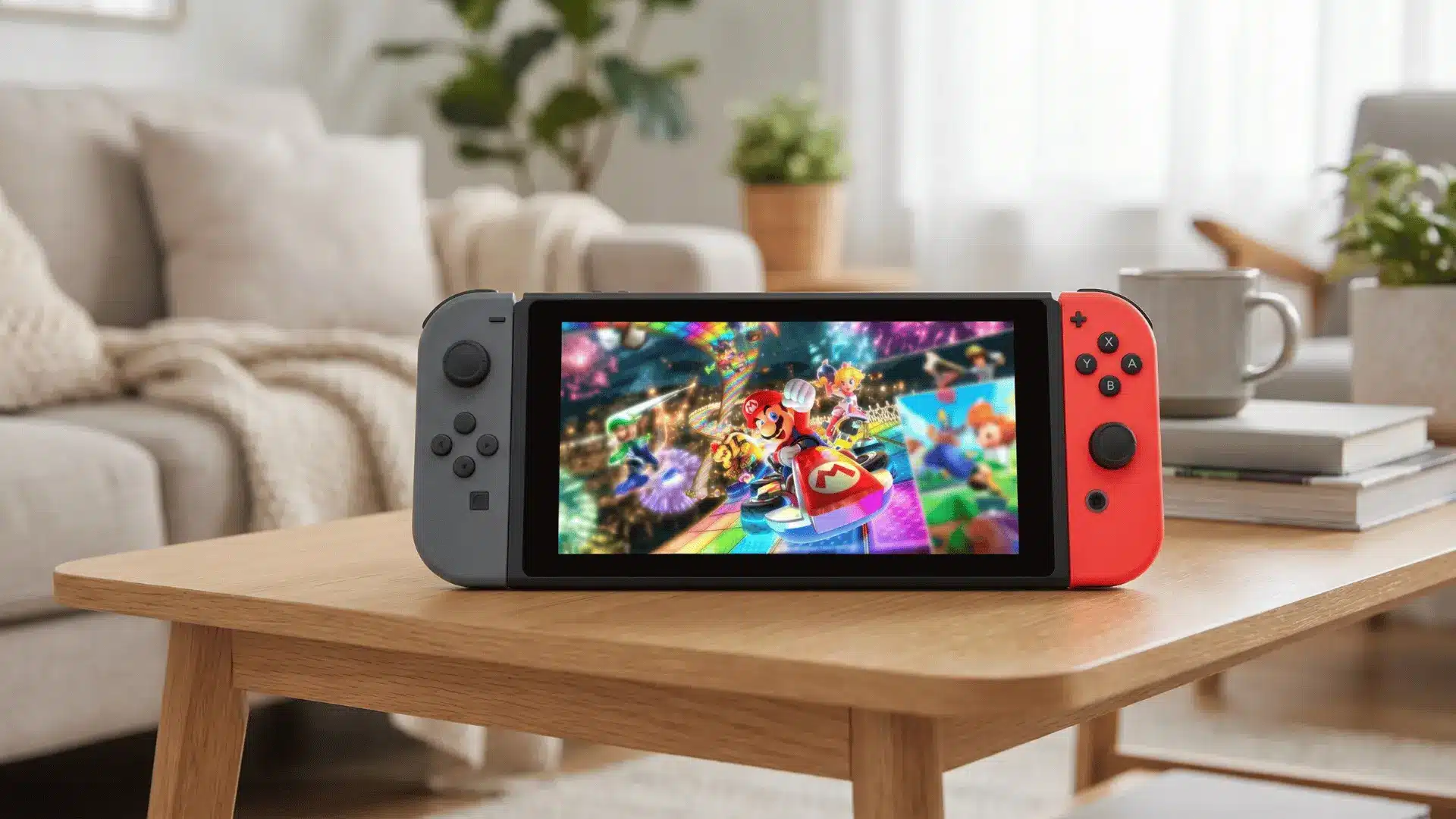Nintendo Switch in handheld mode on a coffee table showing varied game visuals, representing fun Switch games for all play styles