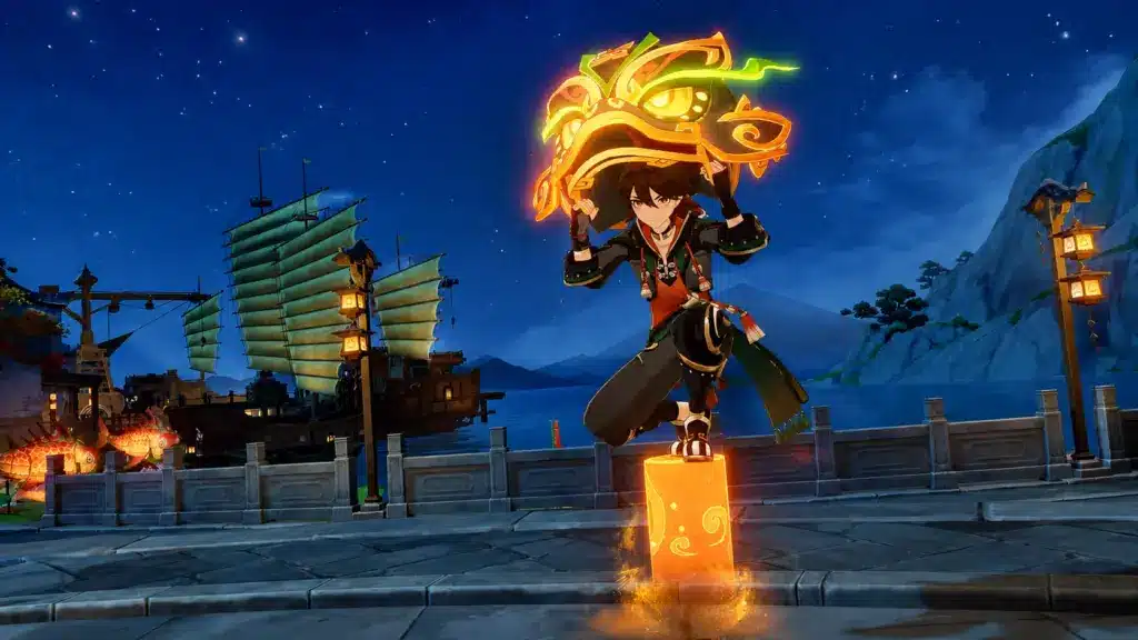 Gaming character holding a glowing dragon mask at night near a harbor with a ship and mountains.
