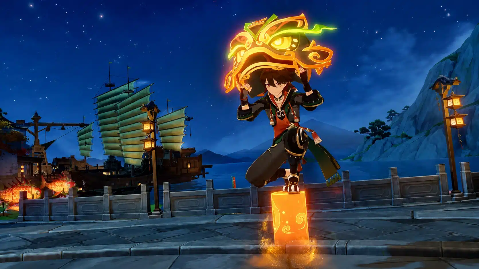Gaming character holding a glowing dragon mask at night near a harbor with a ship and mountains.