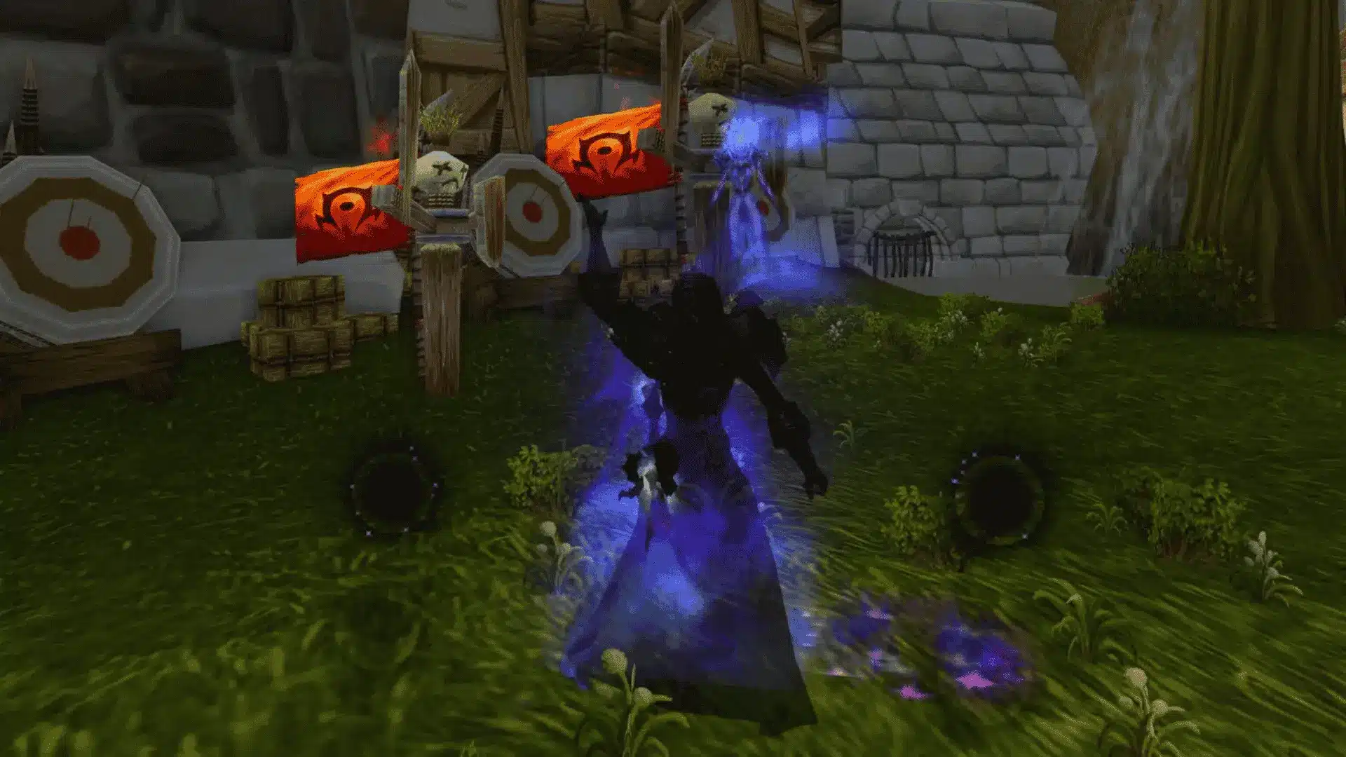 World of Warcraft Classic Priest attacking training dummies outdoors, casting a shadow spell with visual purple energy effects.