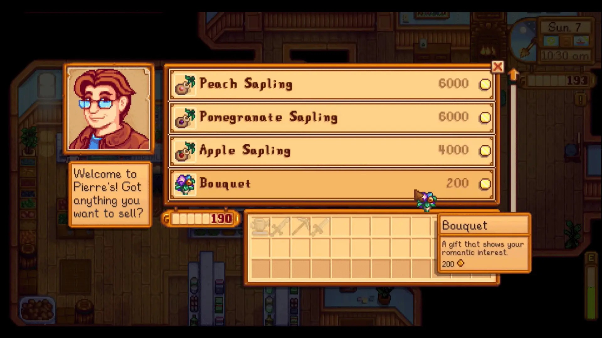 Stardew Valley Pierre’s shop menu showing peach, pomegranate, apple saplings and a bouquet item with prices and descriptions