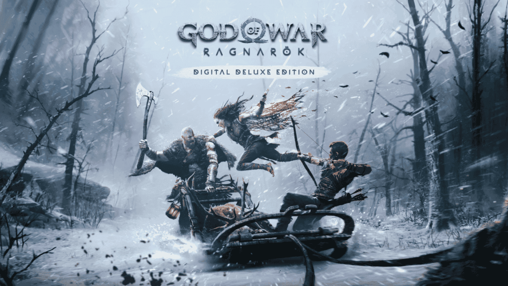 God of War Ragnarök Digital Deluxe Edition cover art featuring Kratos, Atreus, and Freya fighting in a snowy forest.