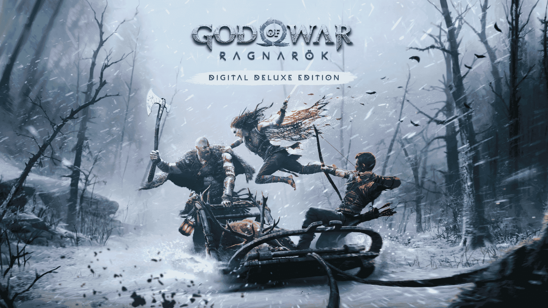 God of War Ragnarök Digital Deluxe Edition cover art featuring Kratos, Atreus, and Freya fighting in a snowy forest.