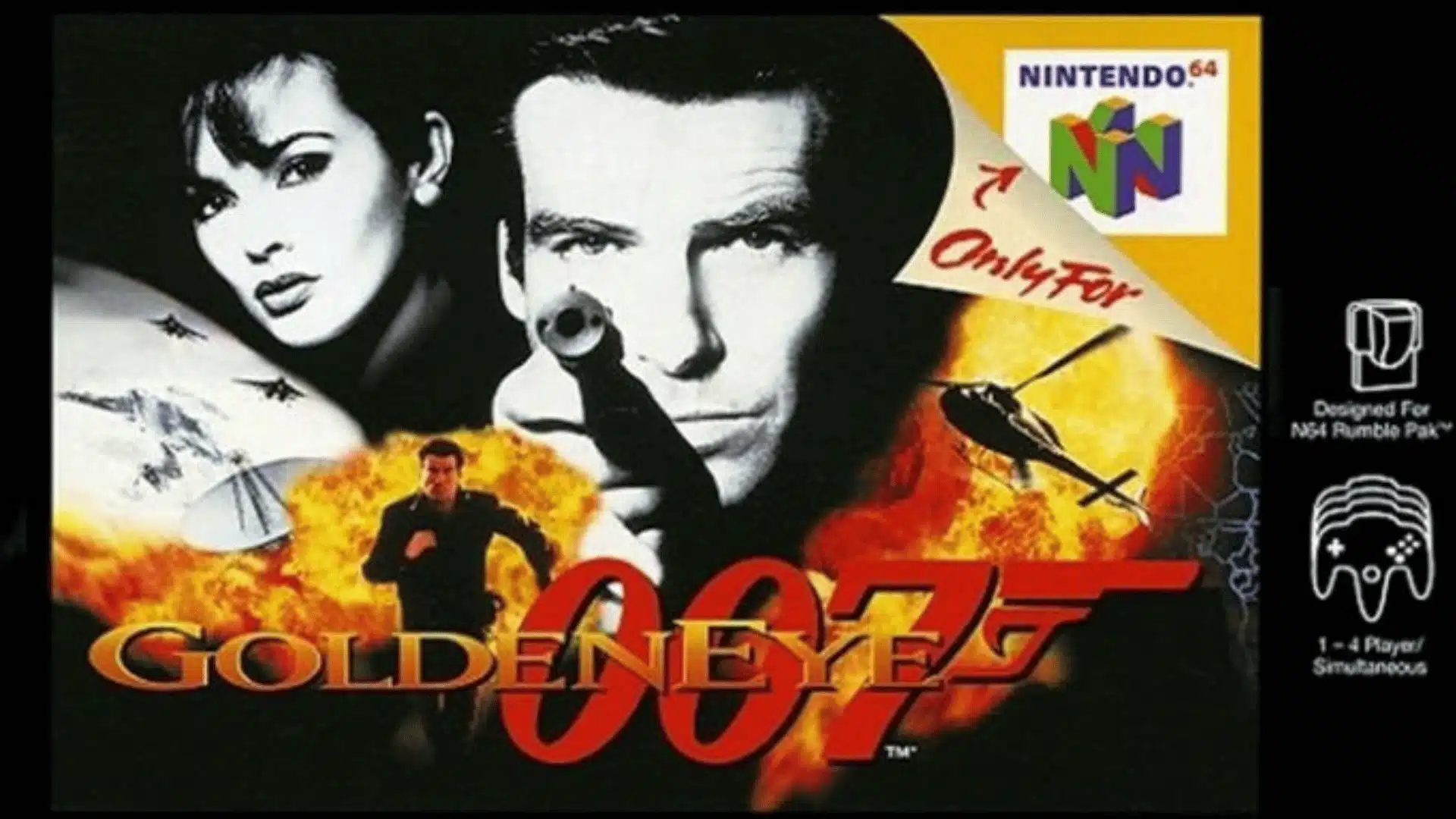 GoldenEye 007 Nintendo 64 game cover featuring James Bond, action scenes, and multiplayer icons.