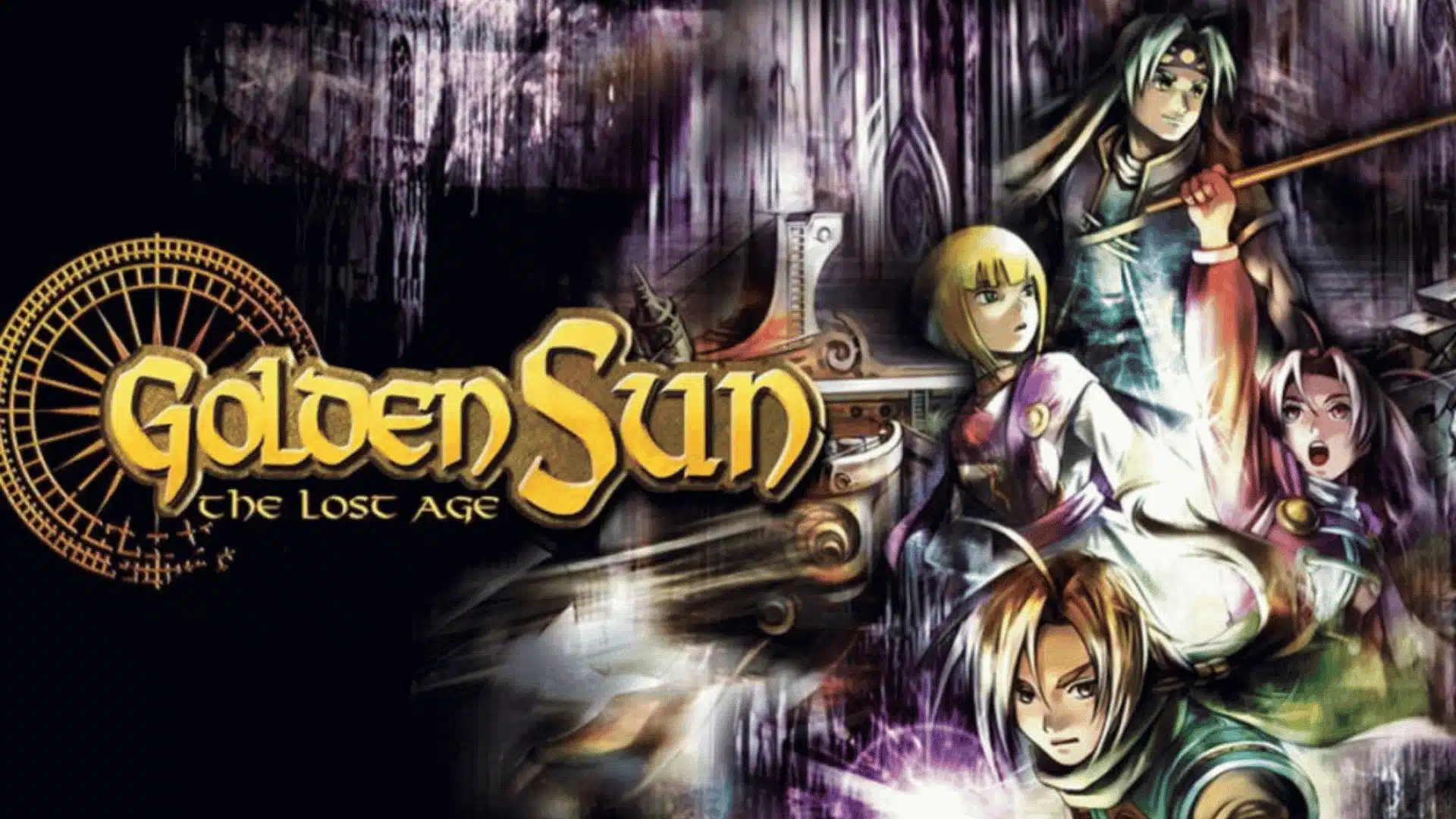 Four heroes gathered in a dark gothic setting beside the Golden Sun: The Lost Age title logo with a decorative sun wheel.