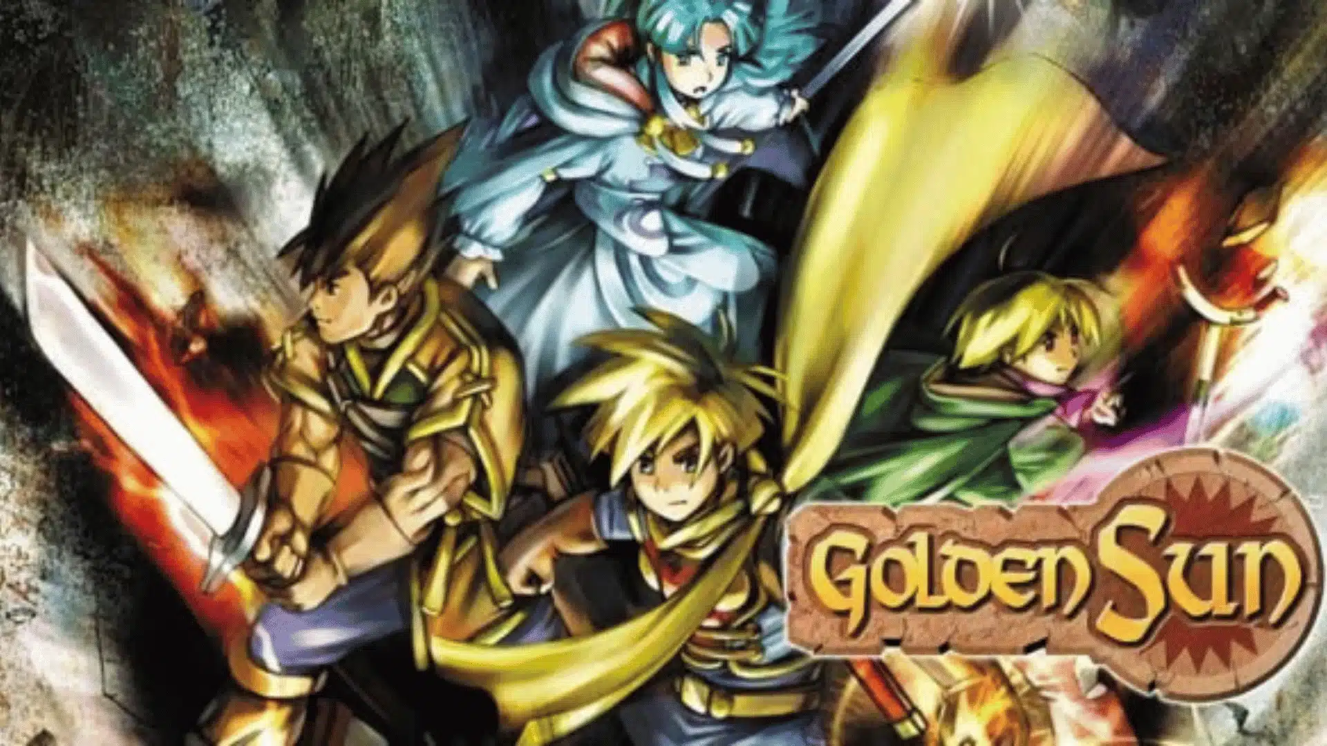 Four young heroes wielding swords and magic pose dramatically on Golden Sun's cover art, with the game's logo bottom right.