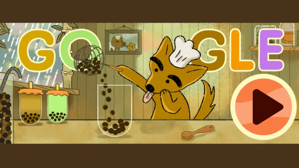 Cartoon dog chef pours boba pearls into a cup with multiple cups and ingredients visible in Google Boba Tea Game interface