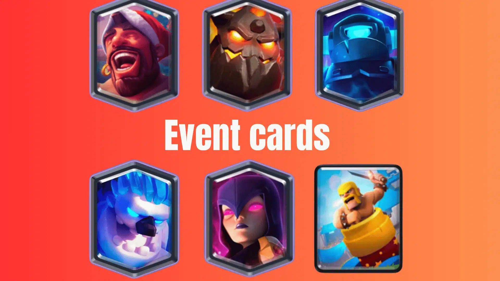 Clash Royale event cards featuring Hog Rider, Lava Hound, Mini P.E.K.K.A, Ice Golem, and Witch.
