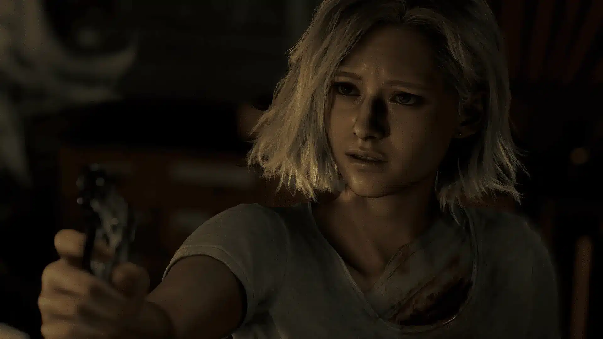Grace Ashcroft aims a gun, her blood-stained shirt visible, highlighting tense survival-horror gameplay.