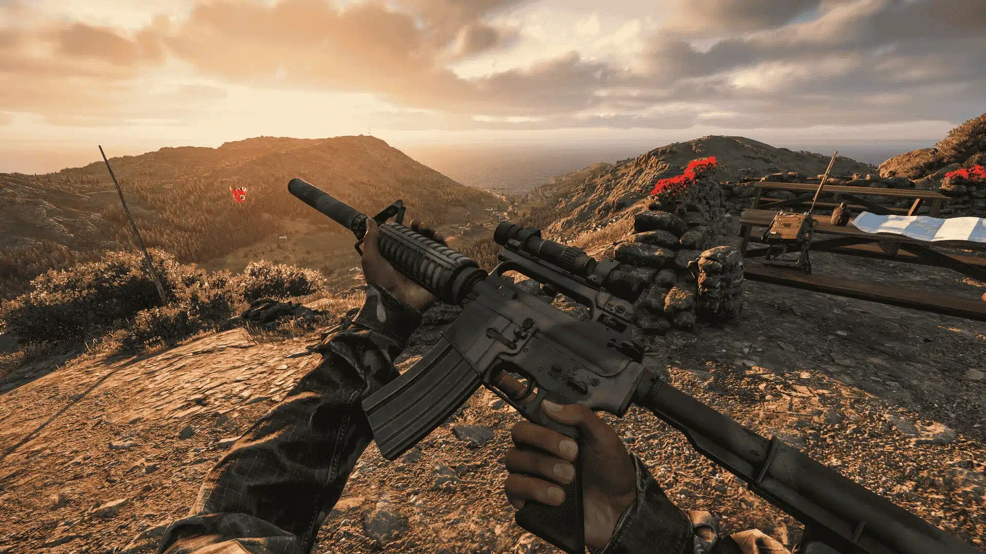 Player aiming rifle with realistic gunplay, showing vehicle in tactical terrain.