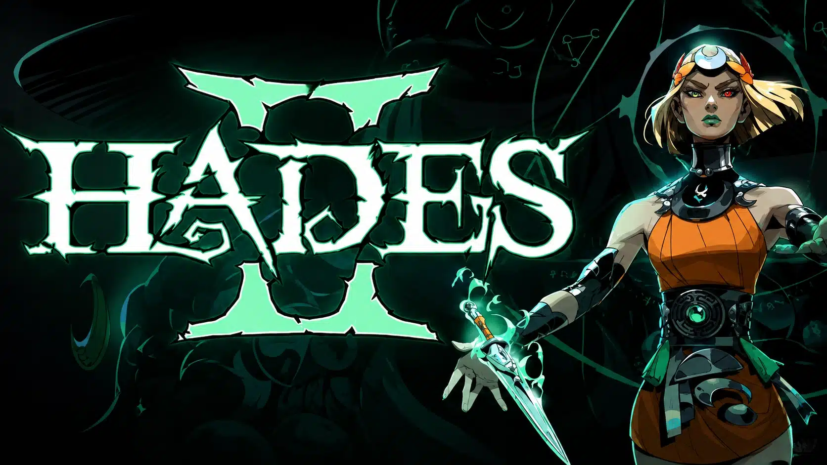 Hades II game logo with glowing green text on a dark fantasy background