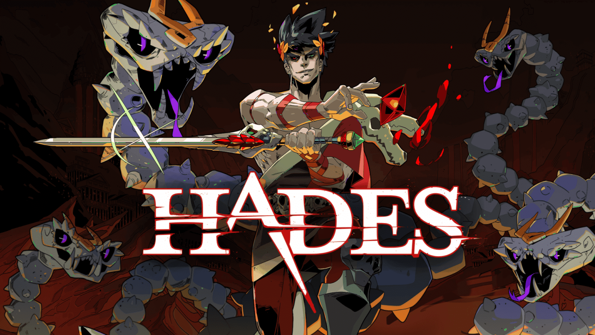 Hades game artwork featuring Zagreus holding a sword, surrounded by skeletal hydras and the main title logo.