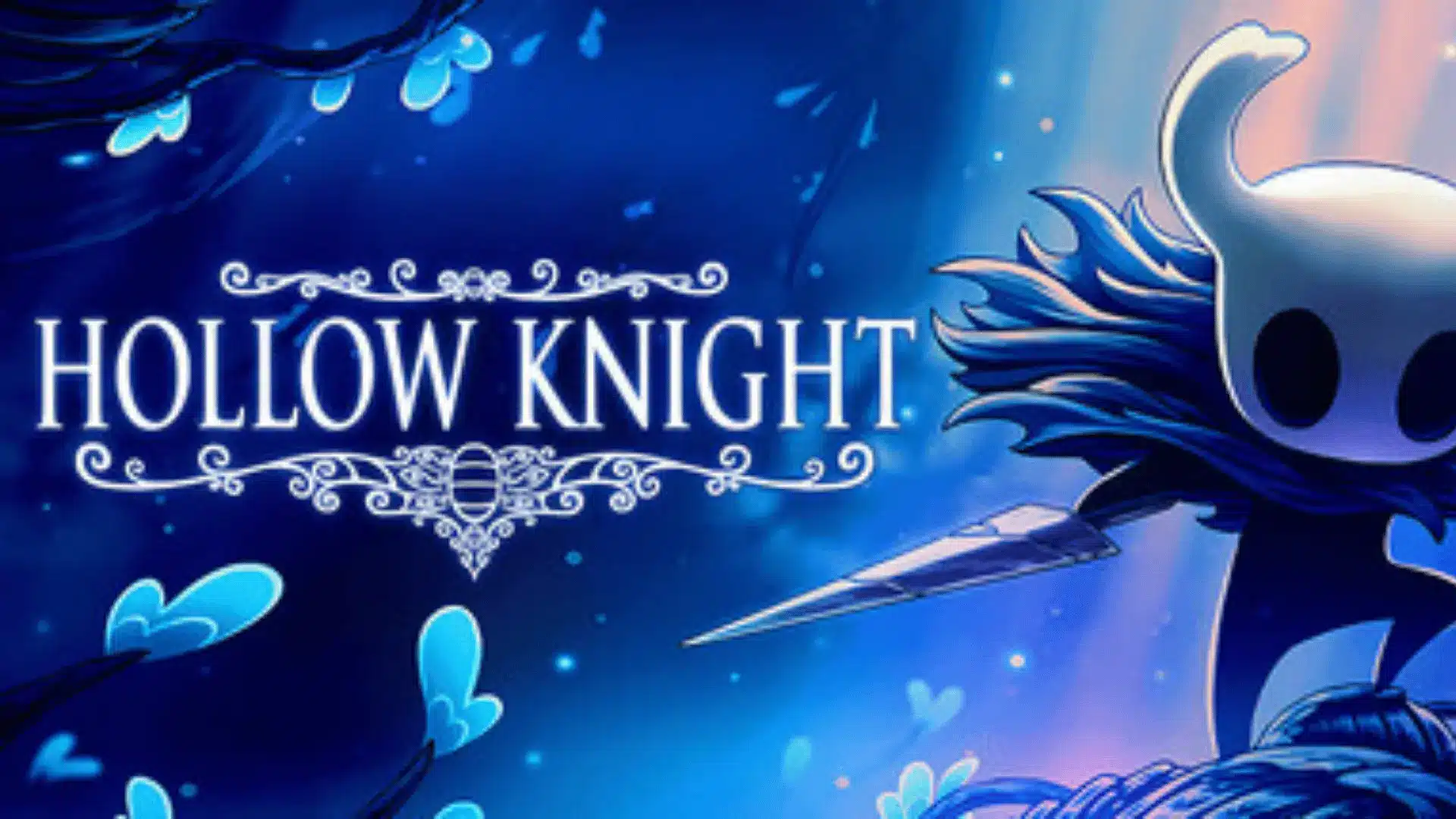 Hollow Knight artwork featuring the horned knight character with a nail weapon, set against a glowing blue fantasy backdrop.
