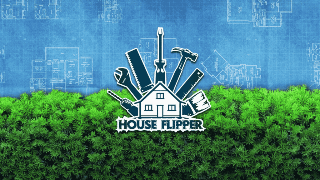 House Flipper game logo showing a house and tools over a green hedge, set against a blue architectural blueprint background.
