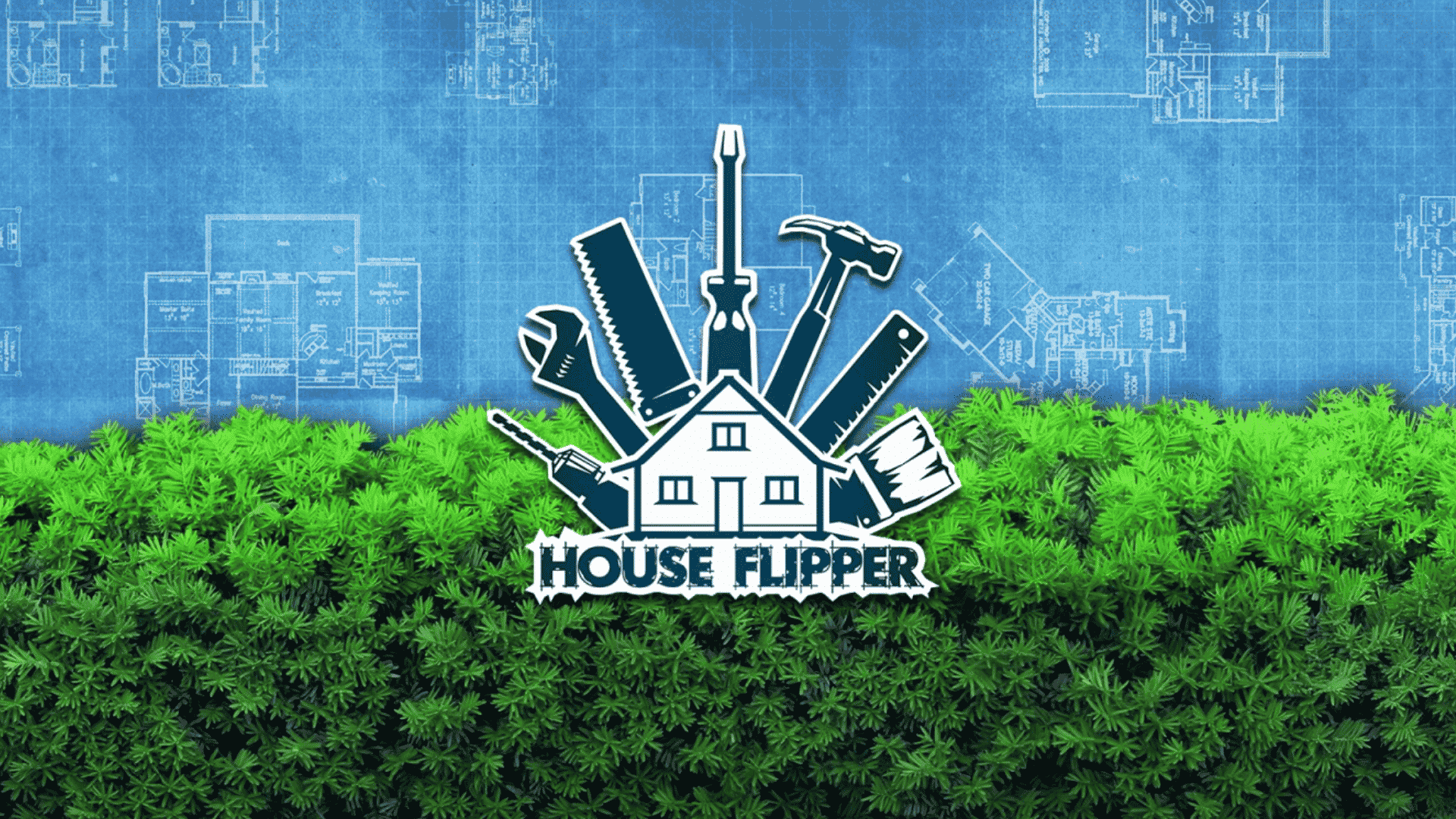 House Flipper game logo showing a house and tools over a green hedge, set against a blue architectural blueprint background.