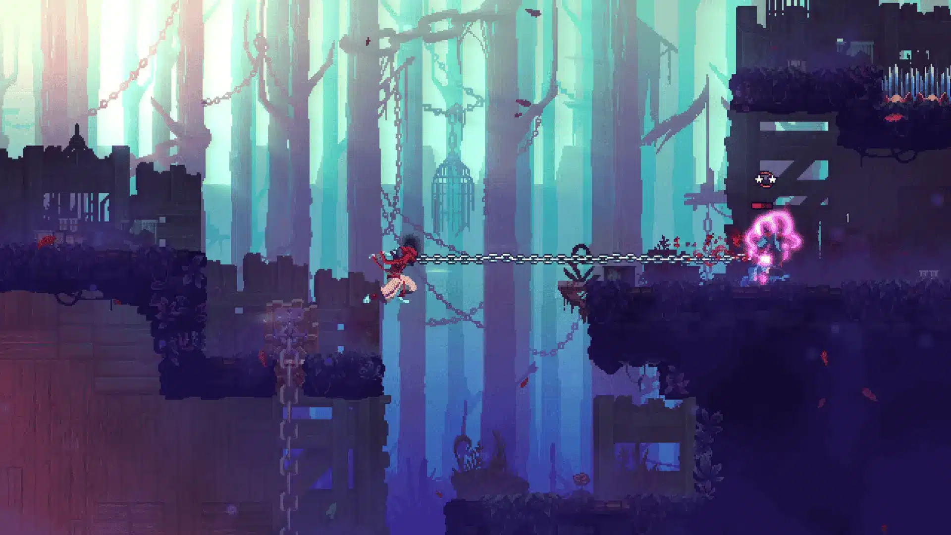 Hero in red mid-swing hits armored enemy with chain blade, surrounded by a glowing ethereal green battlefield, intense combat