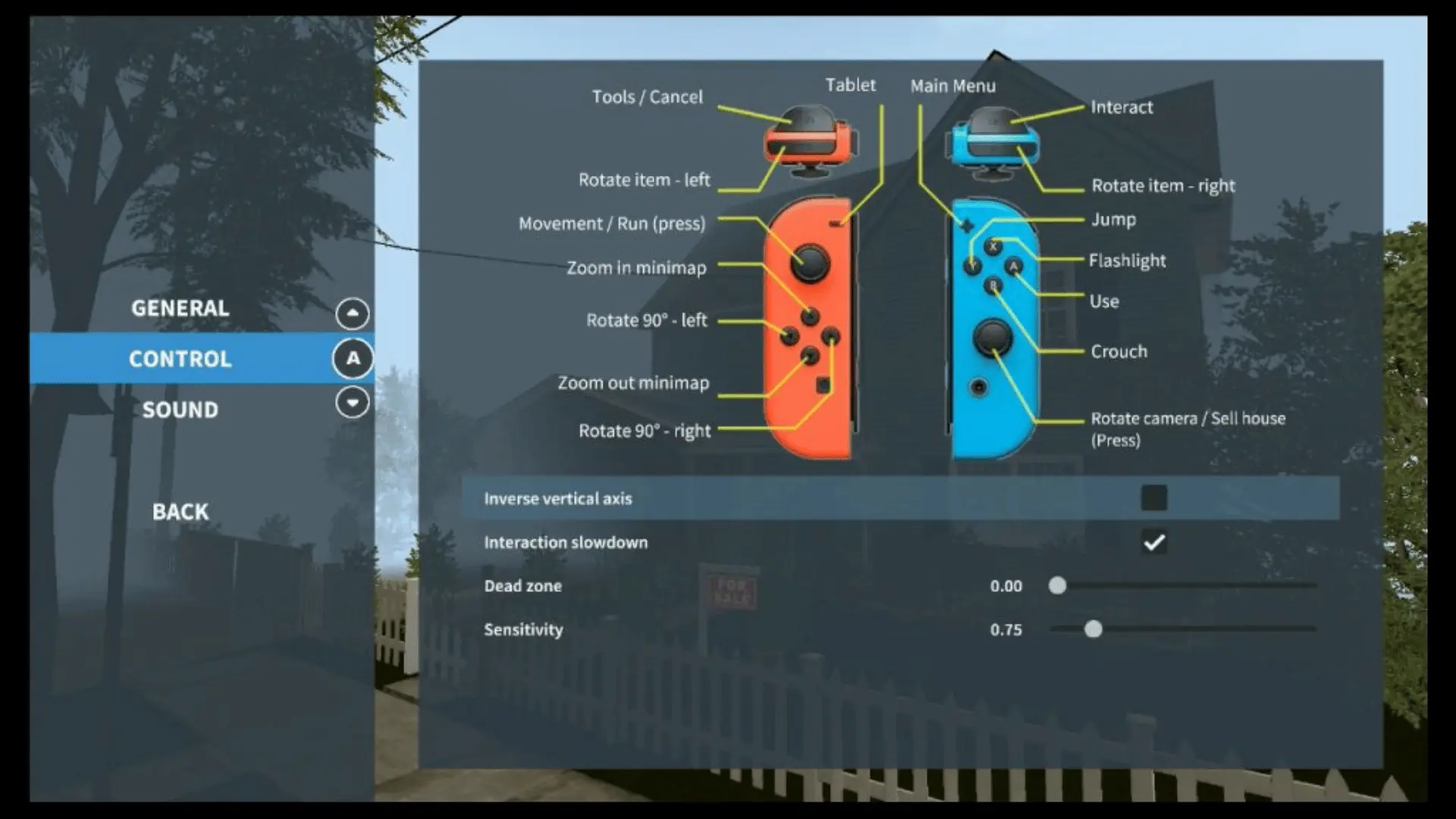 In-game menu mapping House Flipper controls onto a red and blue Nintendo Switch Joy-Con controller diagram.