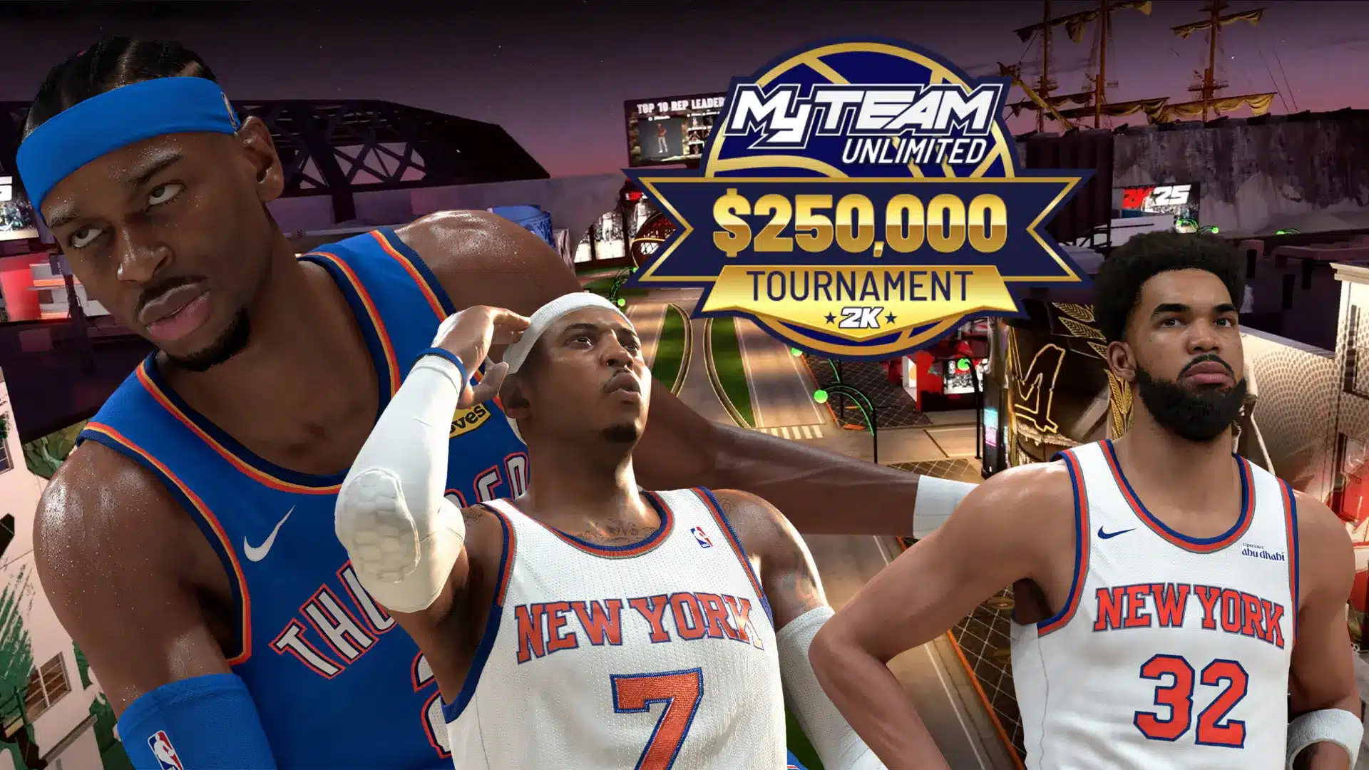 basketball video game tournament graphic with players and $250,000 prize banner