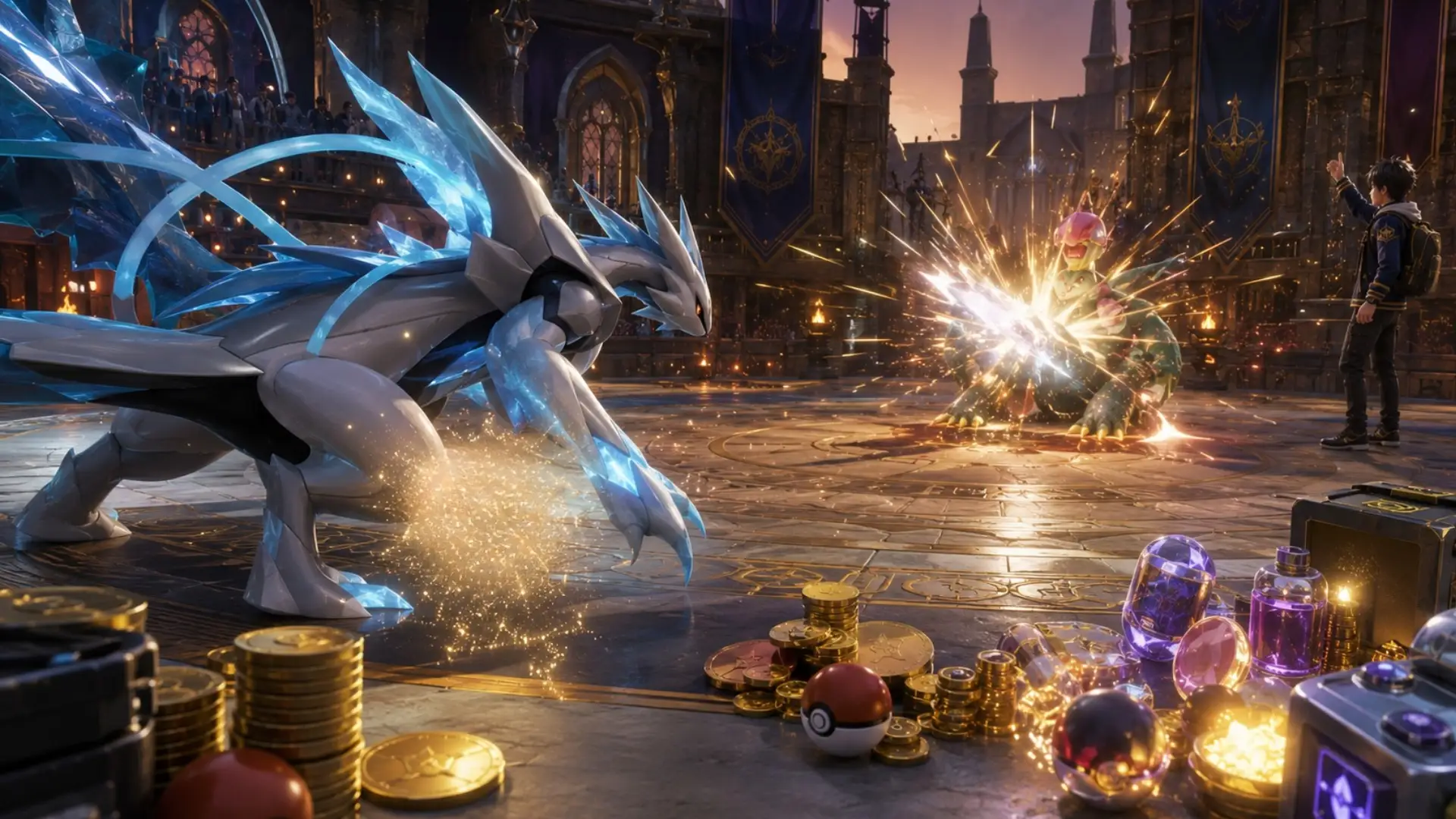 Powerful Pokemon using an Amulet Coin during a fast tournament battle for rewards