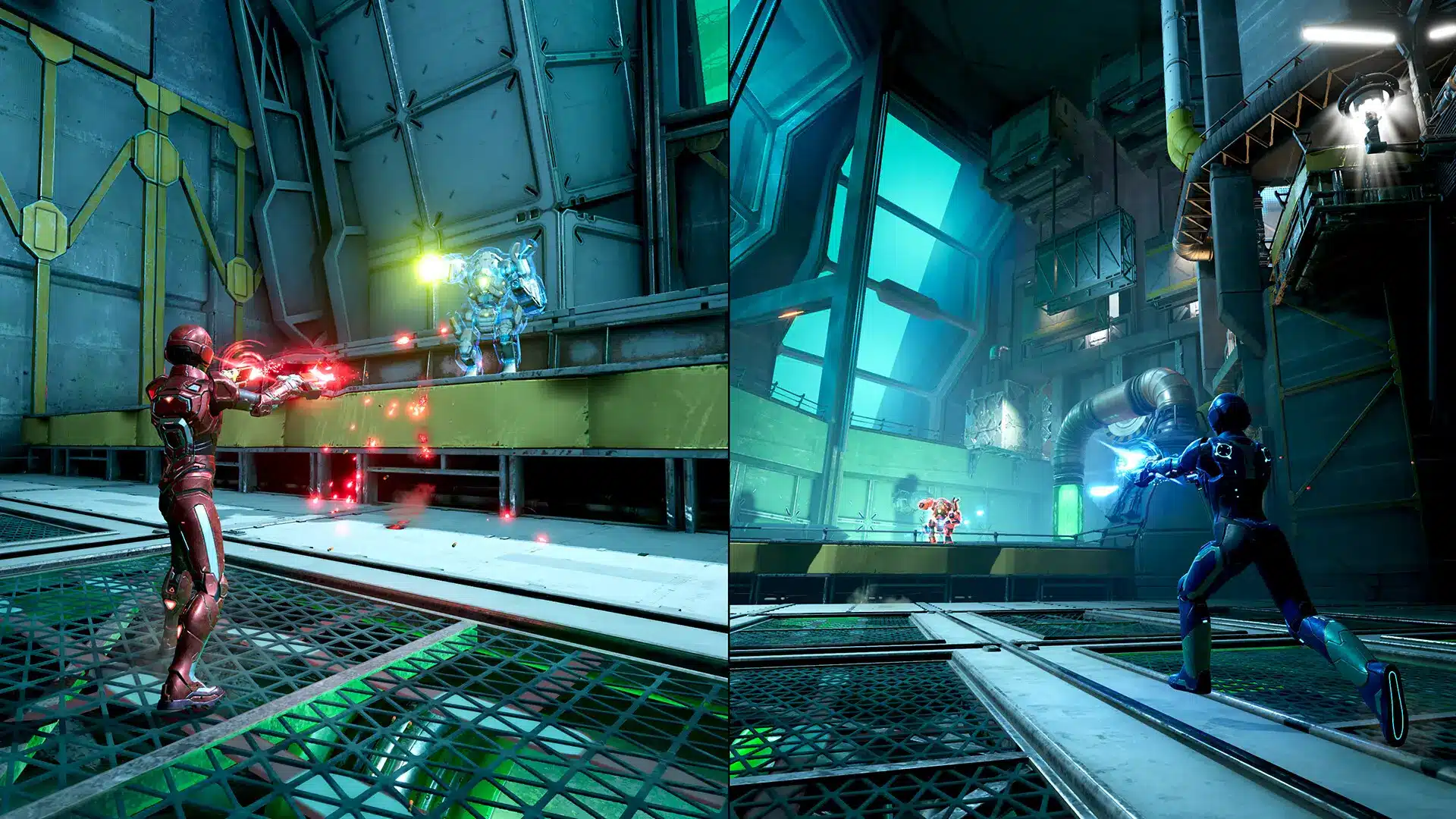Split-screen combat showing armored characters shooting robots in industrial sci-fi arena with neon lighting.