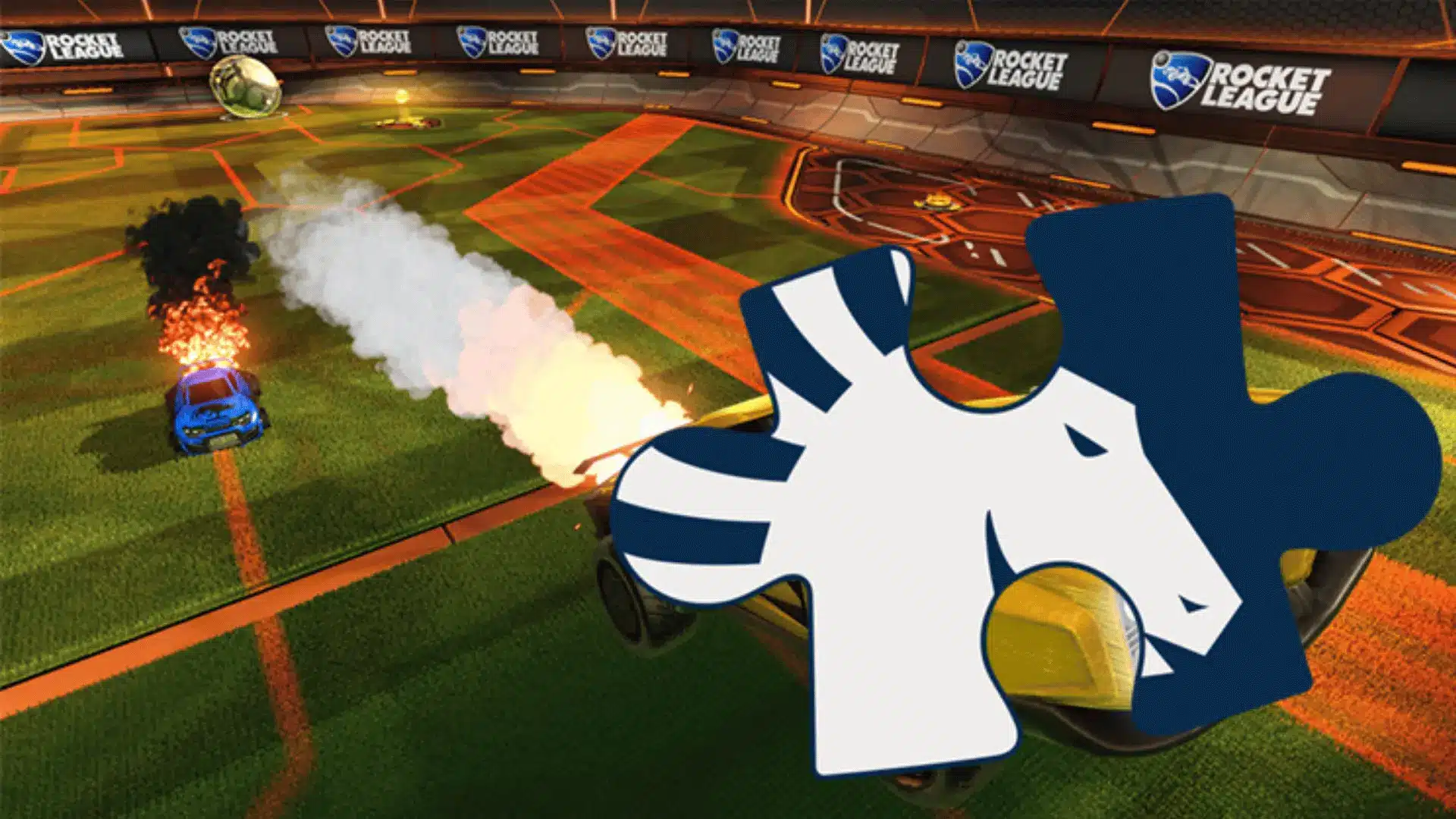 Rocket League gameplay scene showing cars boosting toward the ball on an arena field, with a large Liquipedia-style graphic overlay in the foreground.