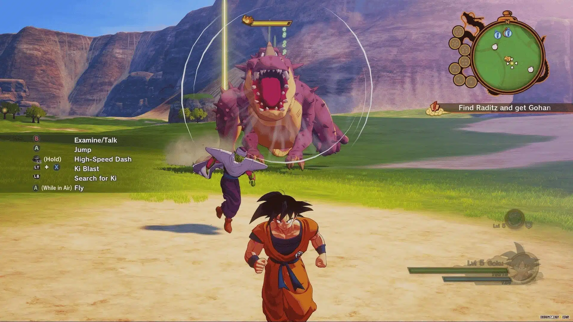 Goku and Piccolo confront a dinosaur in Dragon Ball Z Kakarot gameplay.