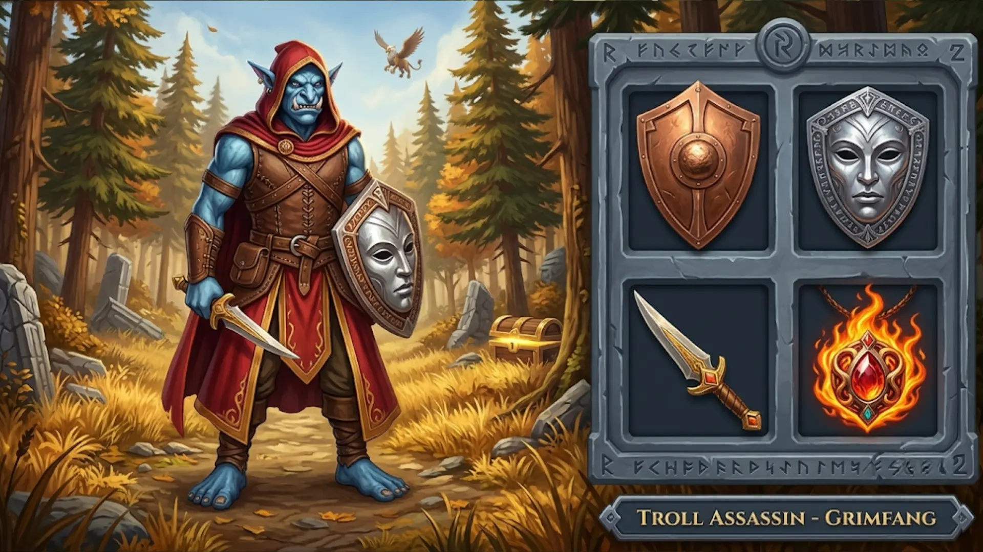 world of warcraft-inspired blue troll assassin in a red hood stands in a forest, beside a stylized equipment UI display