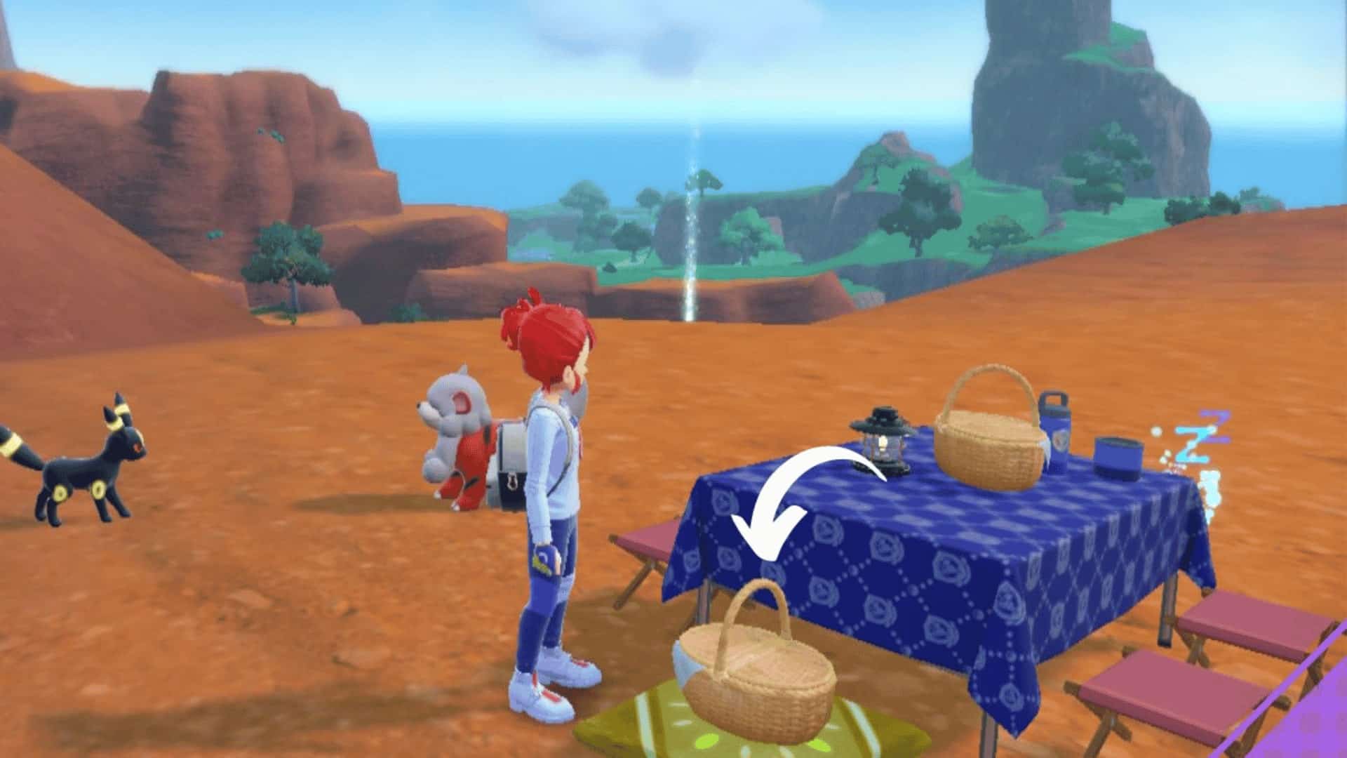 A player near a picnic table in a rocky area with Pokémon Umbreon and Hisuian Growlithe nearby.