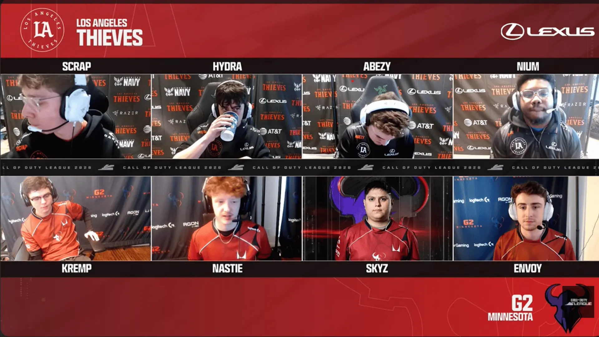 A Call of Duty League 2026 match graphic displaying webcams for players on LA Thieves and G2 Minnesota.