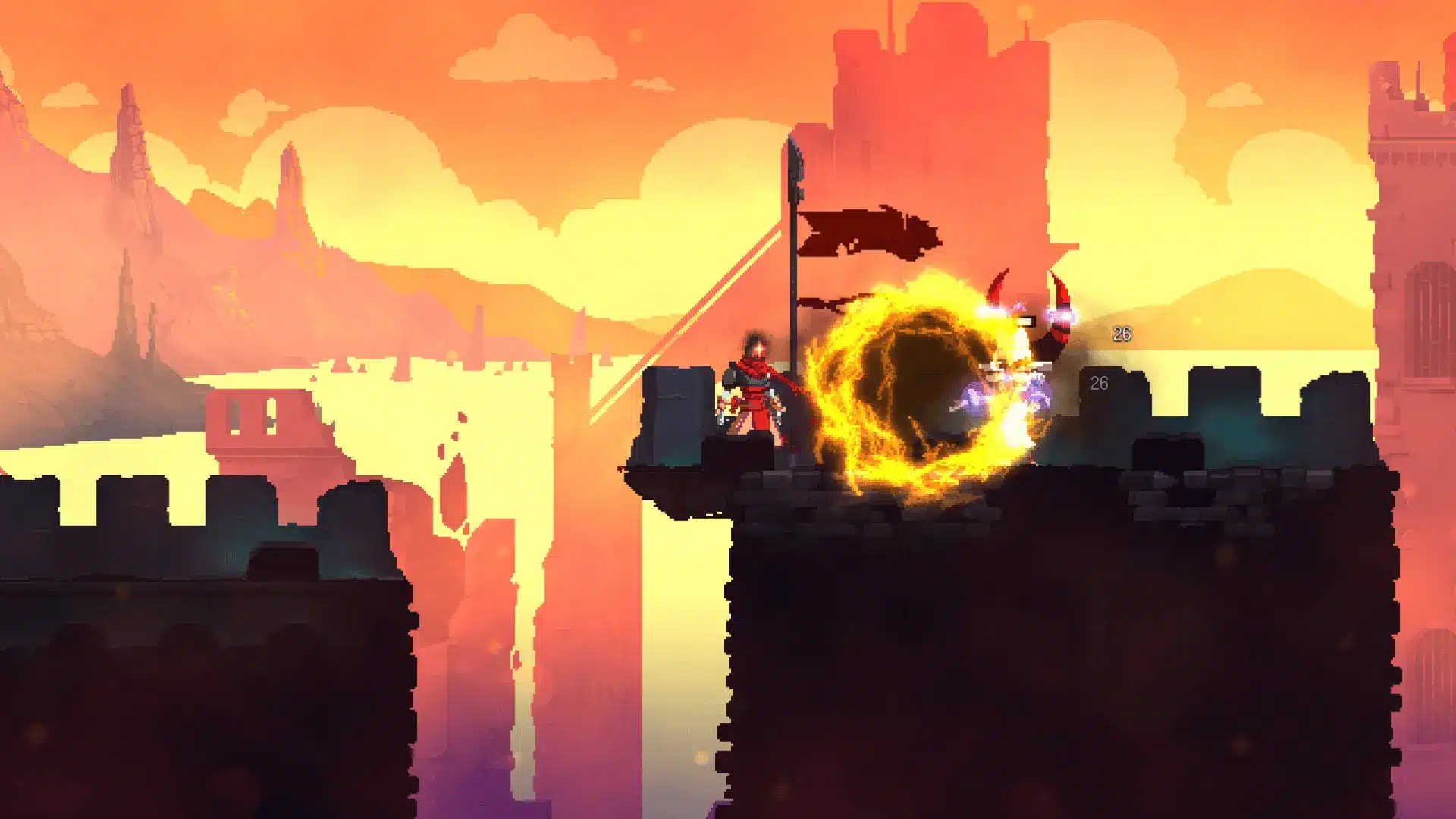 Dead Cells scene of the main character on a castle wall with a glowing fire effect against a bright orange sunset.