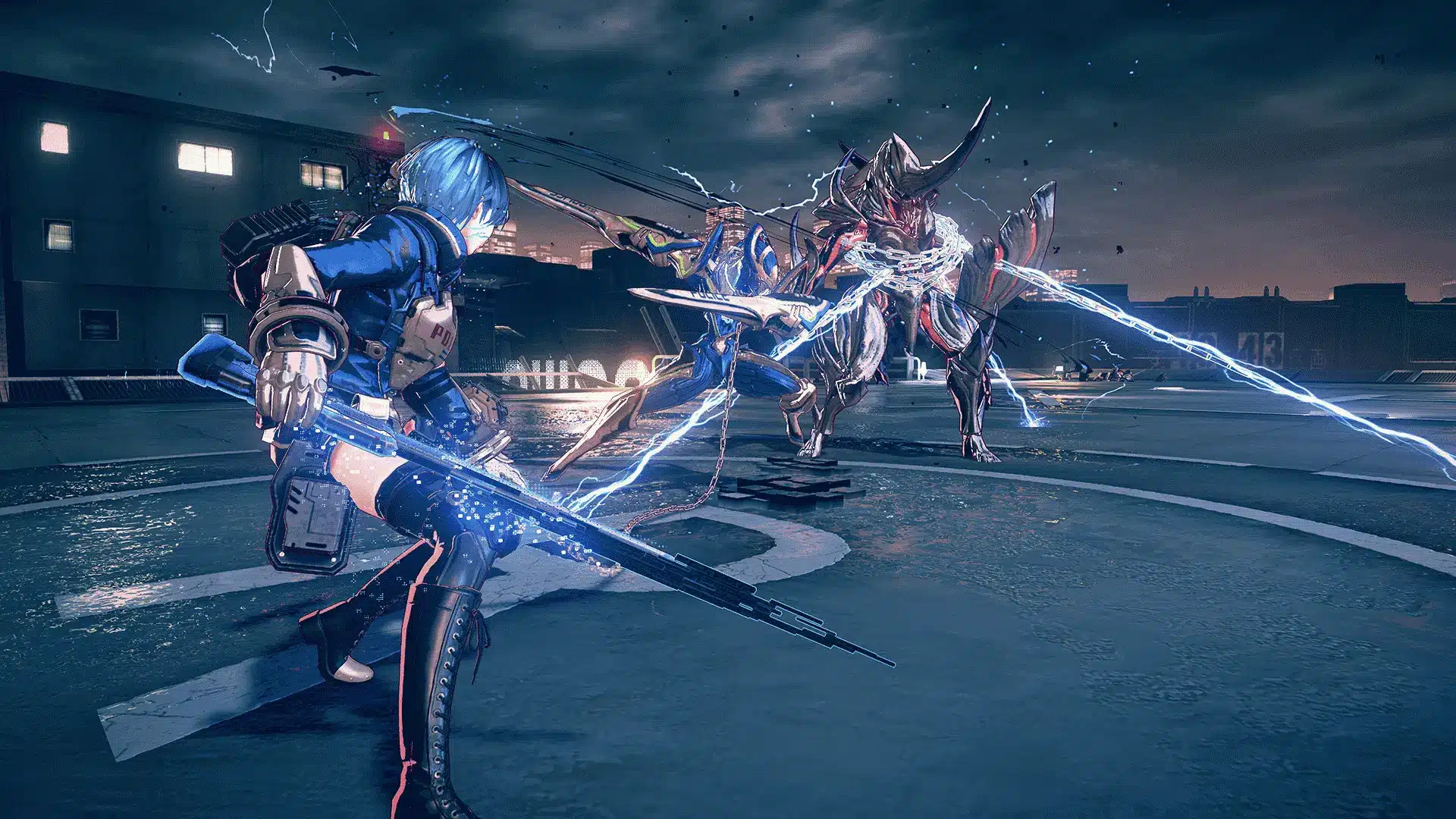 Astral Chain combat gameplay showing a blue-haired officer and a Legion tethered by a glowing chain, fighting a monster.