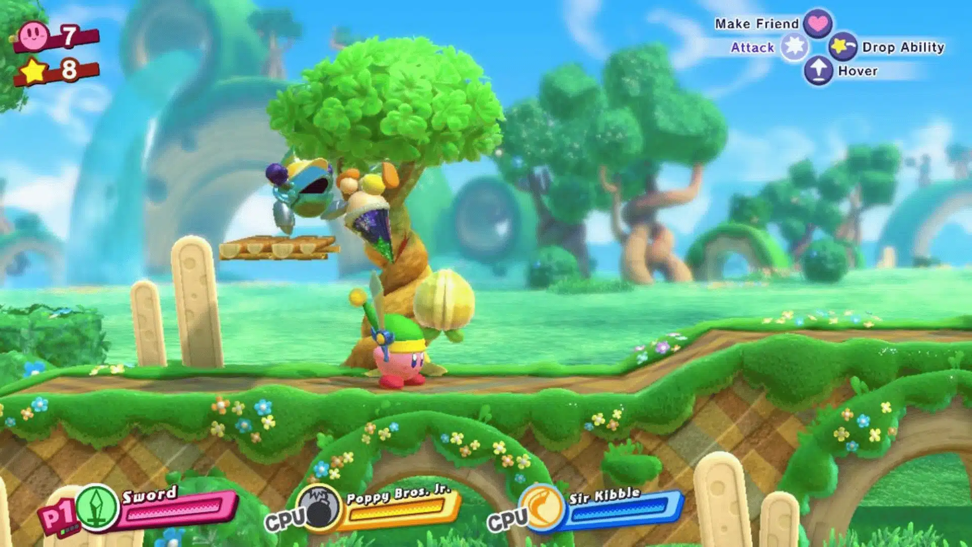 Kirby performing Power Combo with recruited allies, illustrating Friend Heart mechanic