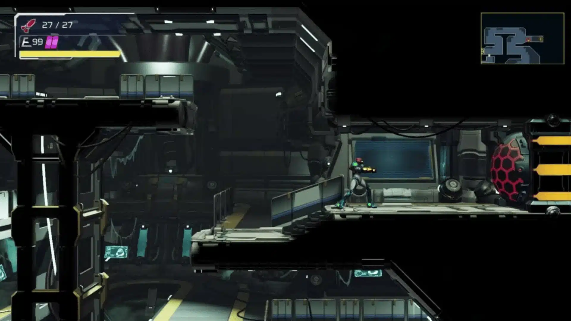 Samus being pursued by a glowing E.M.M.I robot in a dark industrial corridor.
