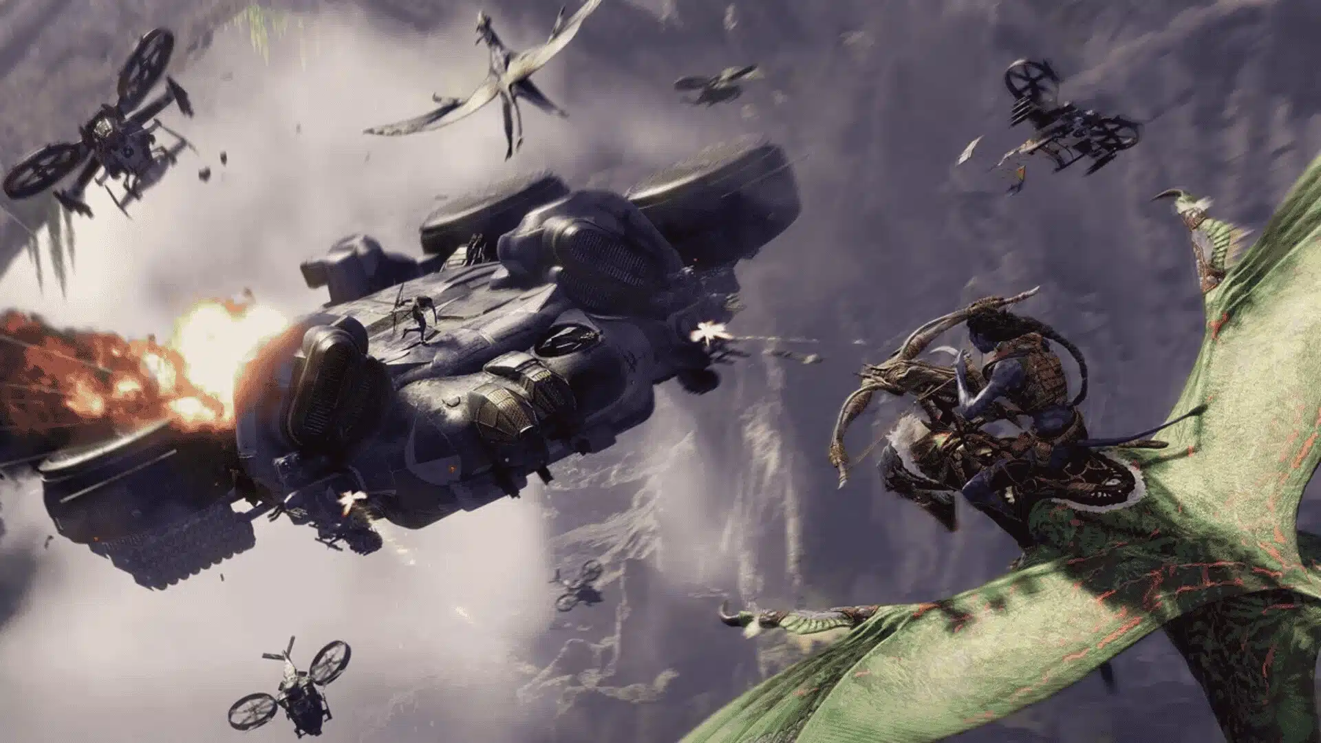 Intense combat scene with helicopters and Na’vi on cliffside in battle sequence.