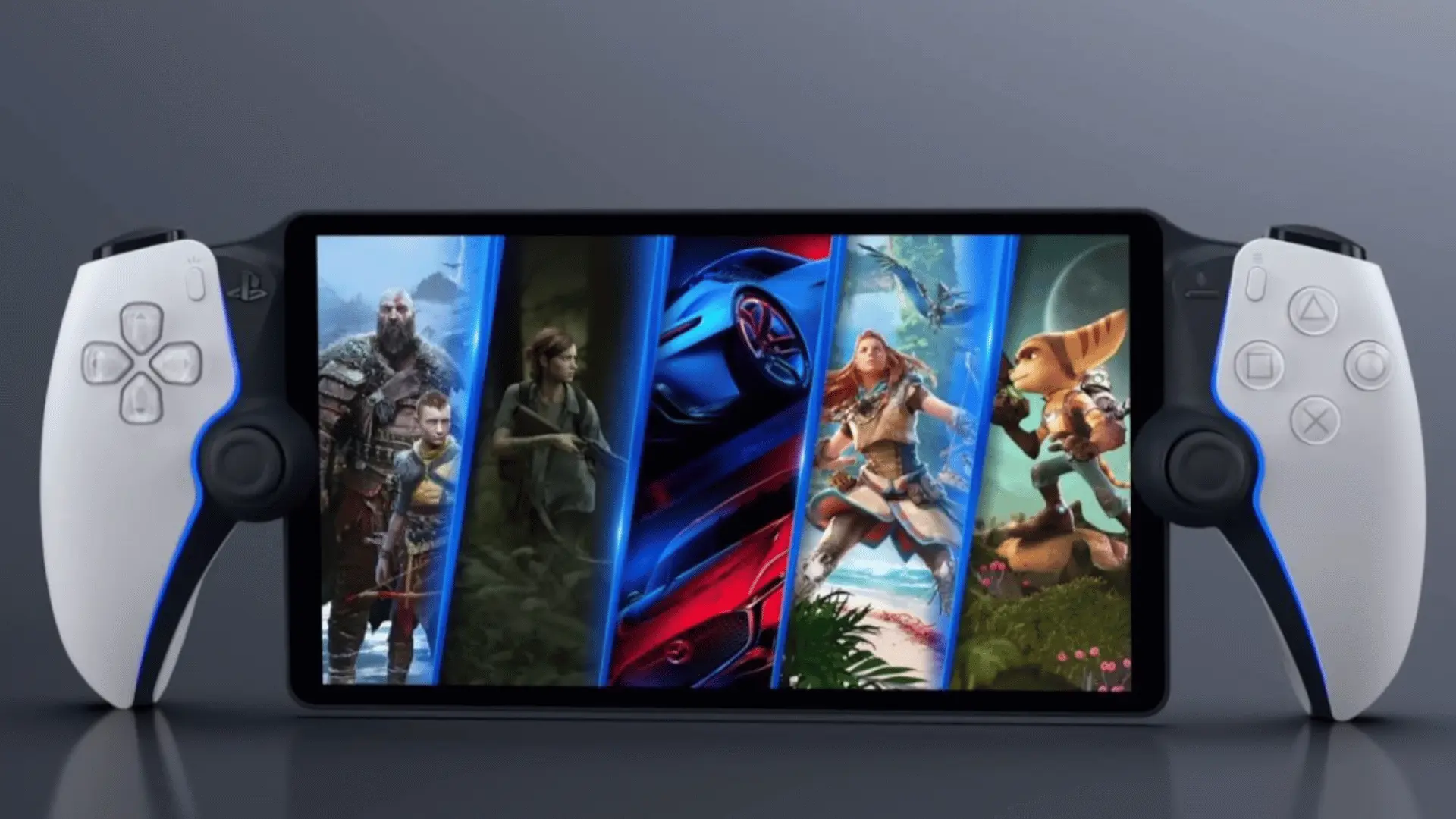 PlayStation Portal displaying a collage of PS5 games including God of War and Horizon on its 8-inch streaming screen.