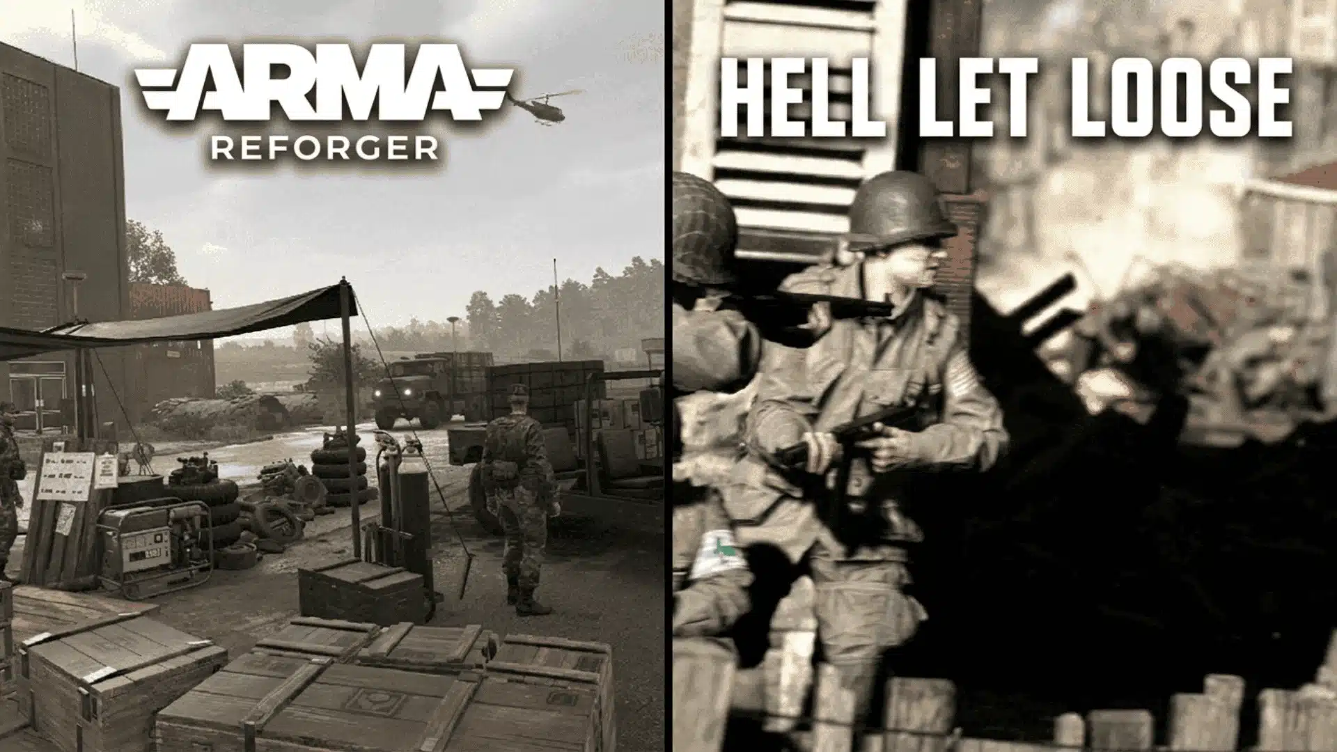 Side-by-side comparison of Arma Reforger and Hell Let Loose gameplay.