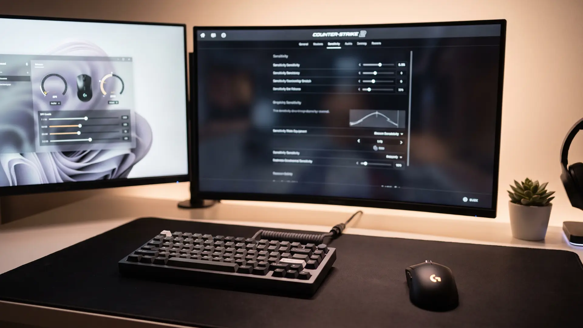 Gaming setup showing a mouse, monitor, and sensitivity settings concept for calculating CS2 eDPI.