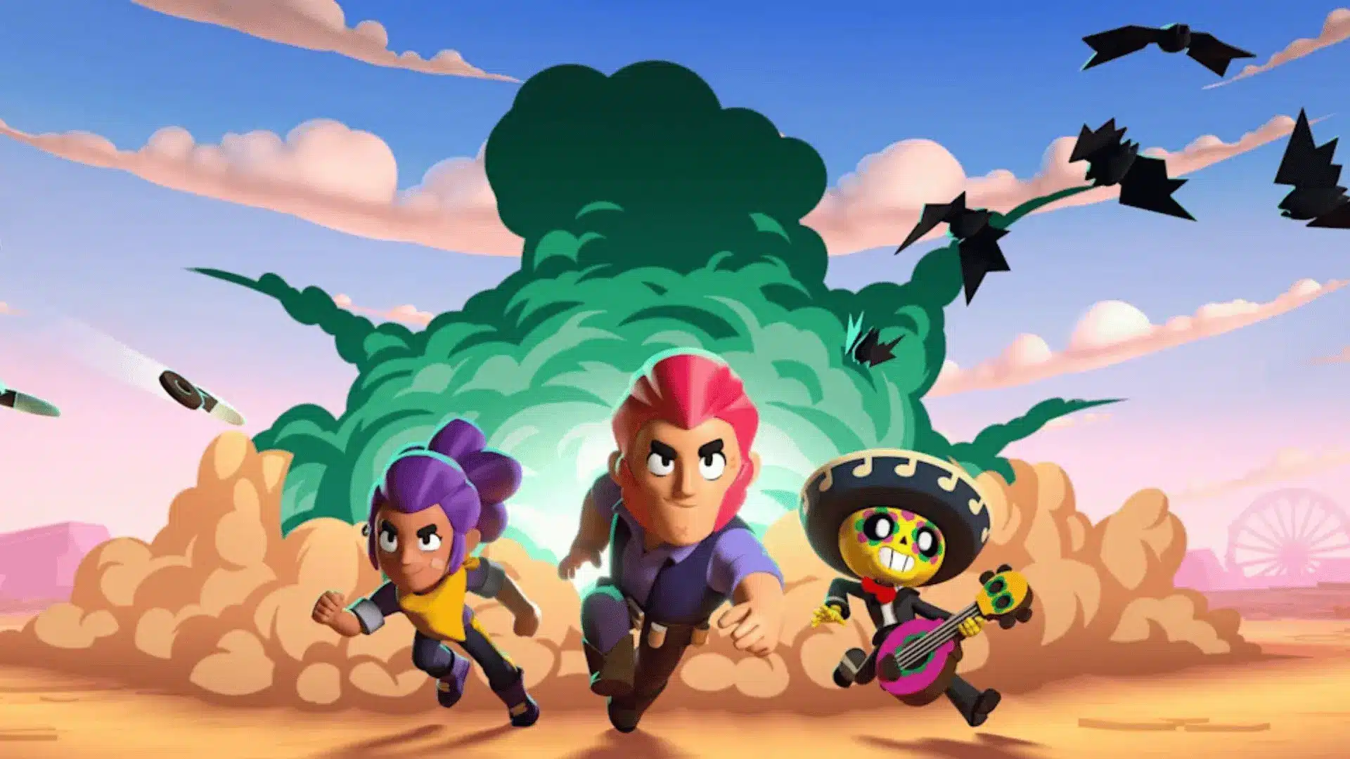 Three Brawl Stars characters sprint from a green explosion in the desert