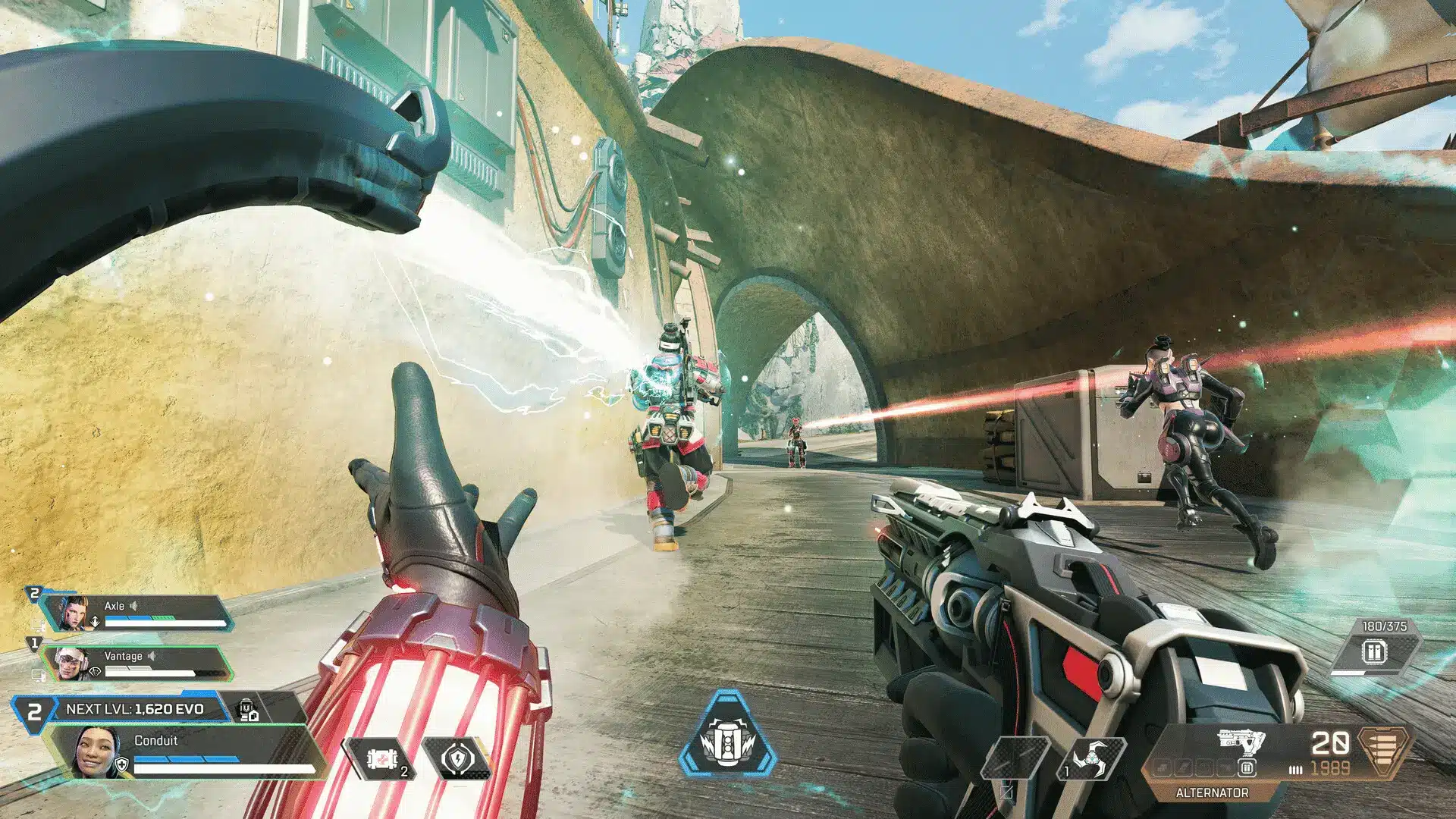Apex Legends gameplay in first-person view squad fighting enemies in a futuristic corridor with weapons firing and abilities used