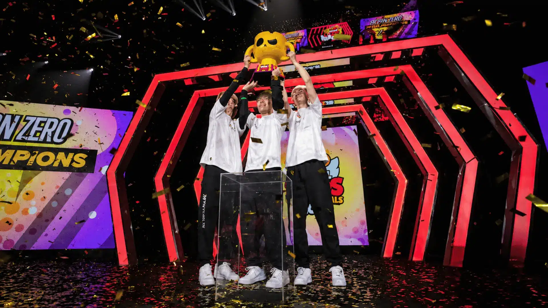 Zeta Division Zero celebrates their 2022 Brawl Stars World Finals win by lifting trophy