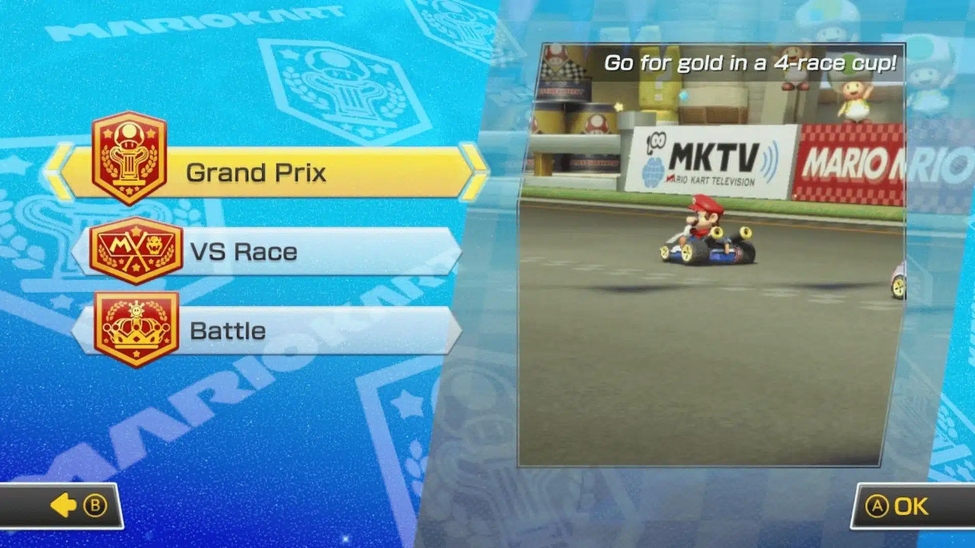 Mario Kart 8 Deluxe game mode selection screen showing Grand Prix, VS Race, and Battle options.
