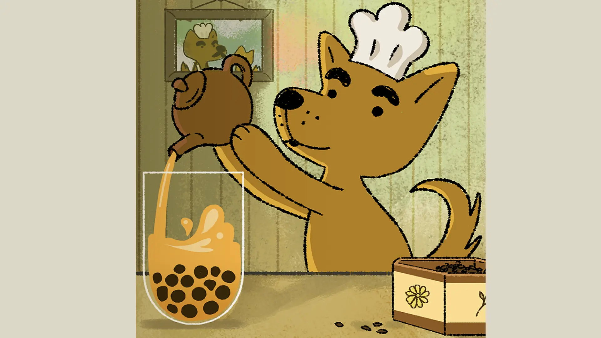 Dog chef stands at boba station pouring pearls into cups with kitchen tools and ingredients visible